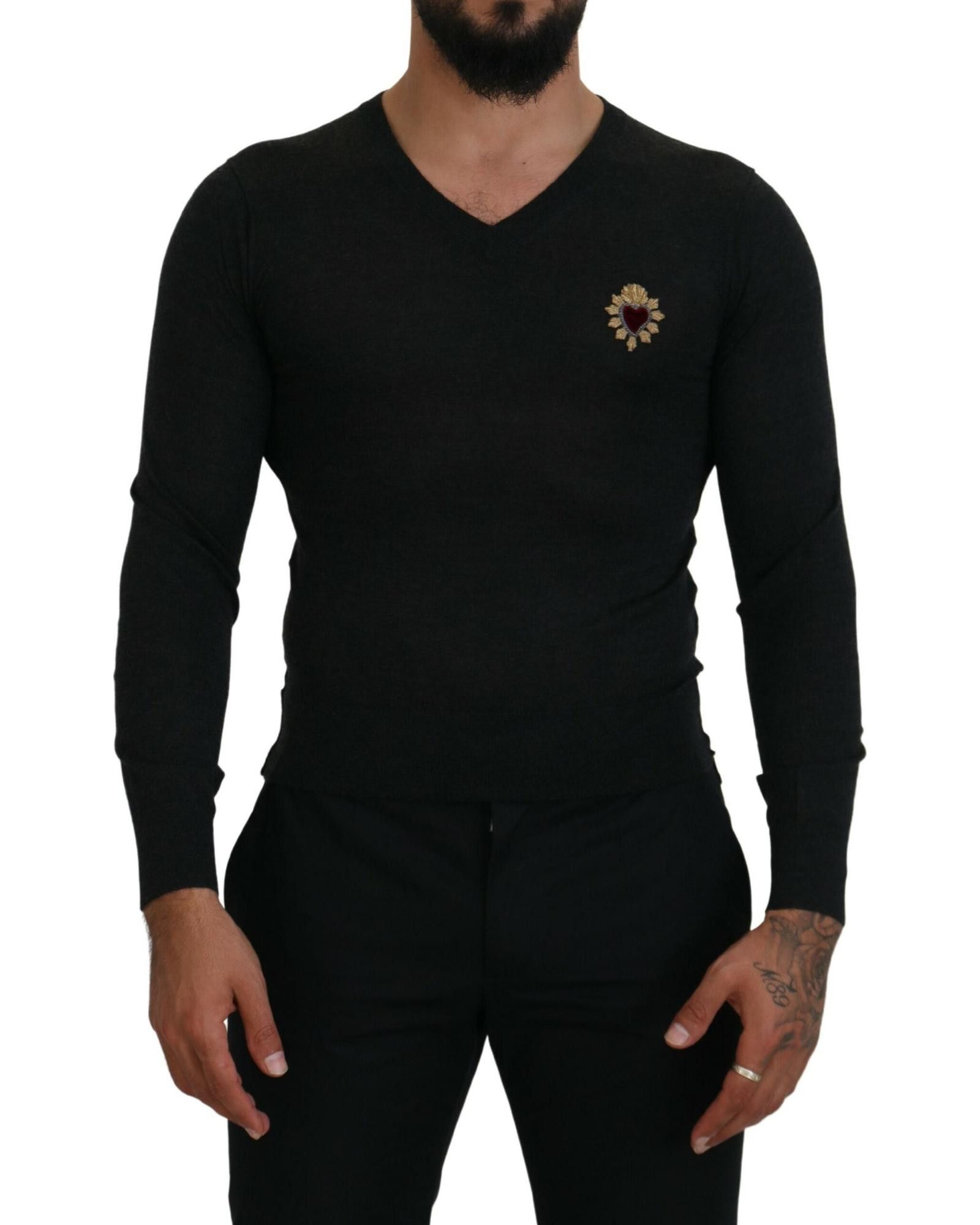 image of Dolce Gabbana Cashmere V-Neck Sweater With Gold Heart Embroidery in Grey, Men's (Size XS)