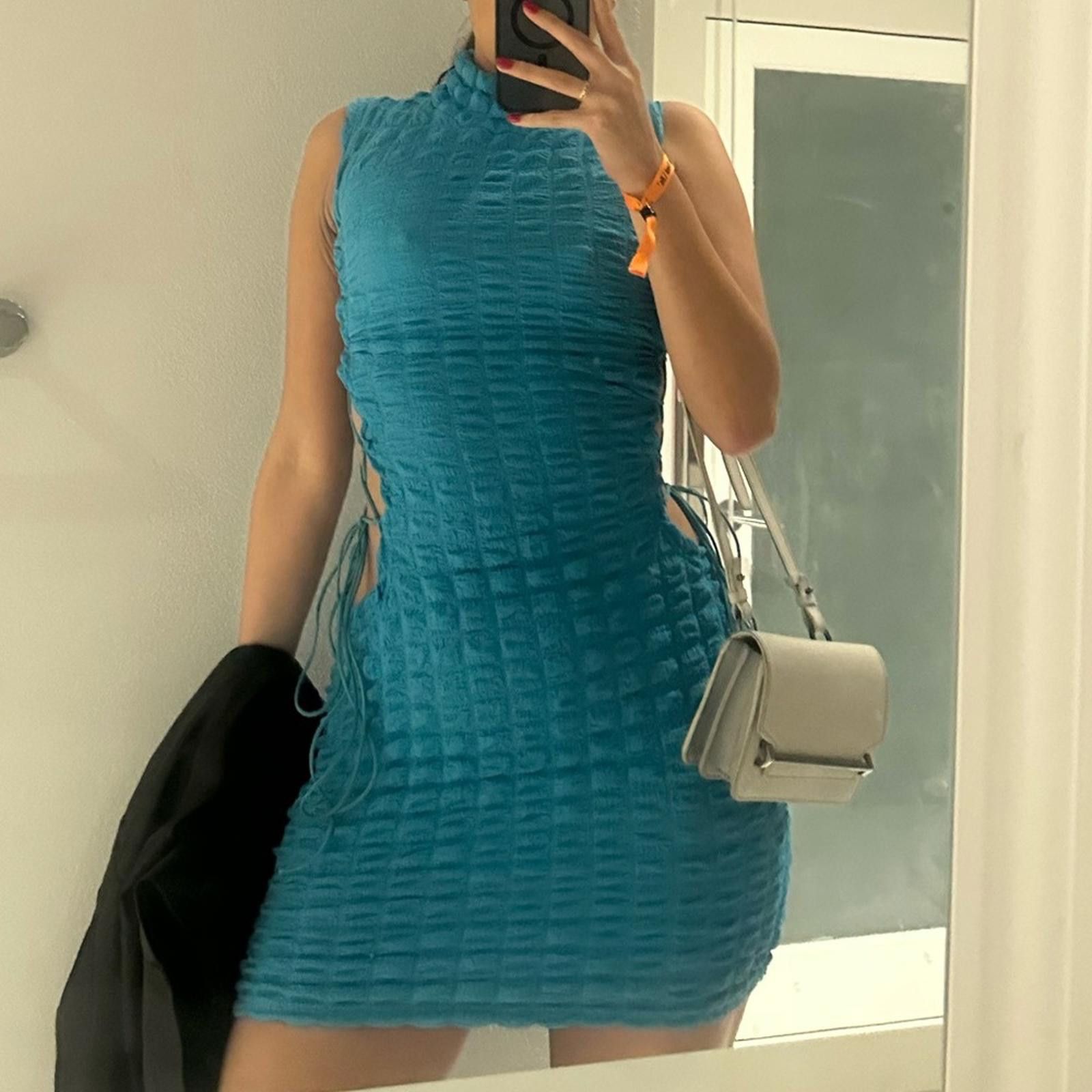 Designer Blue Ribbed Mock Neck Bodycon Mini Dress Size M / US 6-8 / IT 42-44 - 1 Thumbnail