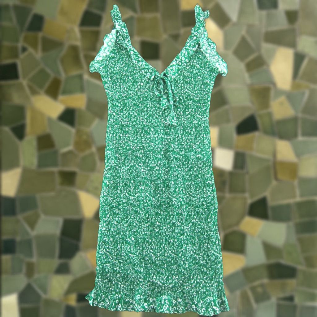 Vintage Japna 100% Rayon Green White Floral Stretch Tunic Bodycon Tank Dress Small Size S / US 4 / IT 40 - 1 Thumbnail