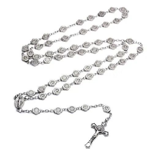 Jewelry x Vintage Fashion Saint Benedict Rosary Necklace Chain Catholic Church in Silver, Men's