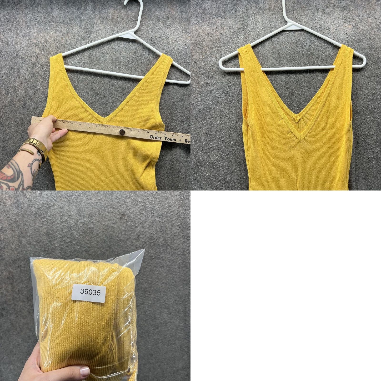Vintage House Of Harlow 1960 Dress Womens Medium Yellow Ribbed Knit V-Neck Bodycon Midi Size M / US 6-8 / IT 42-44 - 8 Thumbnail
