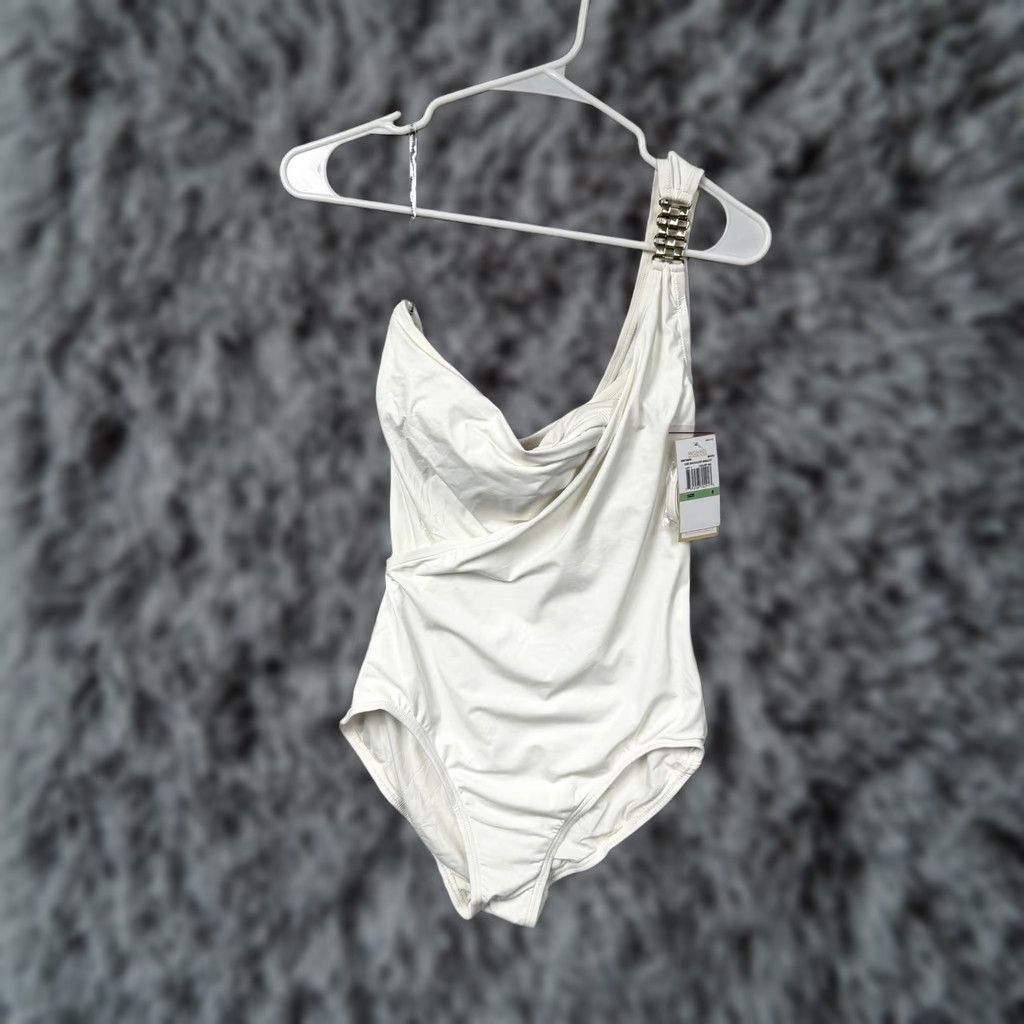 Michael Kors Michael Kors One Piece Swimsuit Size 8 White One Shoulder Designer Convertible Lined Stretch Women Mens Girls Size ONE SIZE - 1 Thumbnail