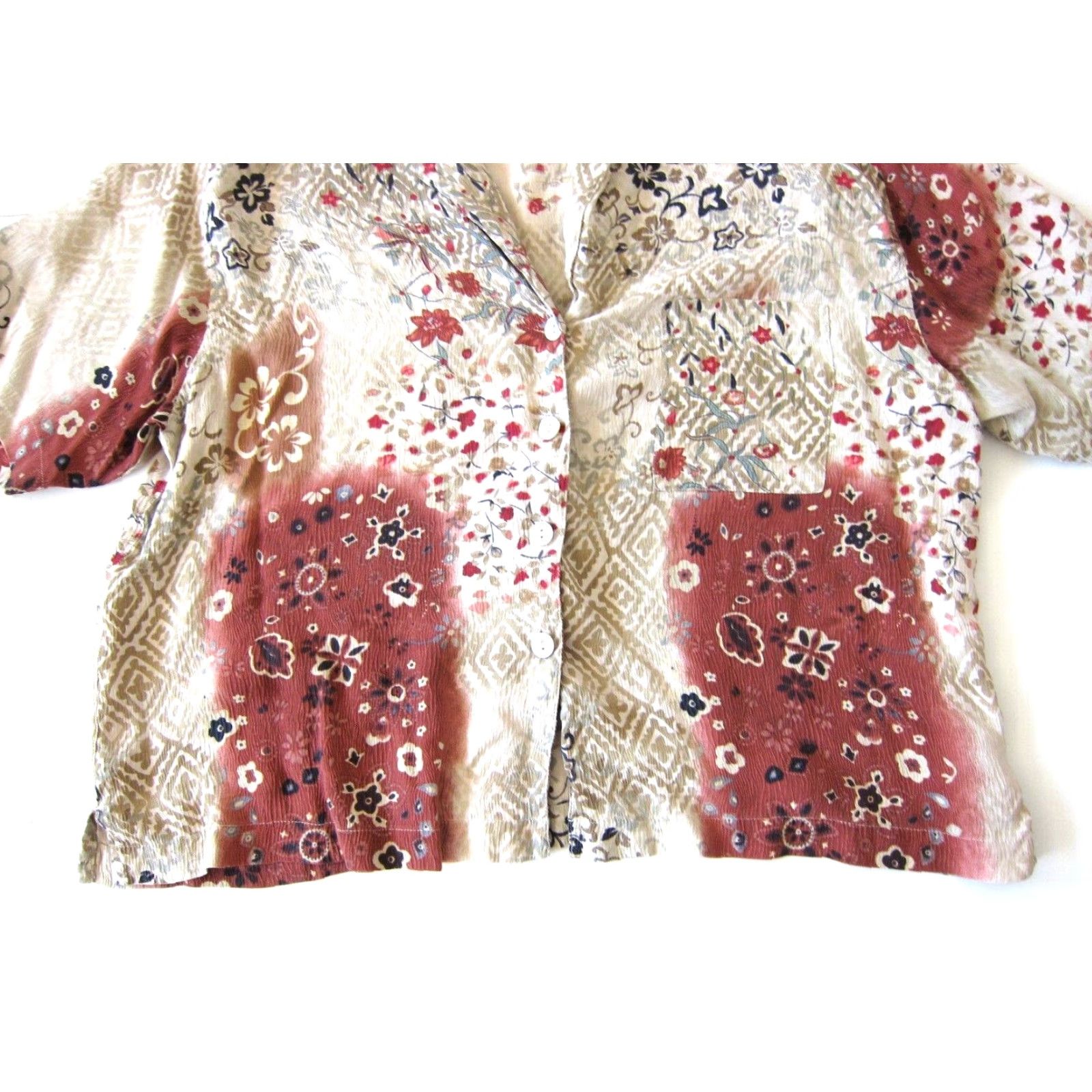 Vintage Chico's Design 100% Silk Brown Pink Floral Button Down Short Sleeve Blouse 3/L Size L / US 10 / IT 46 - 6 Thumbnail