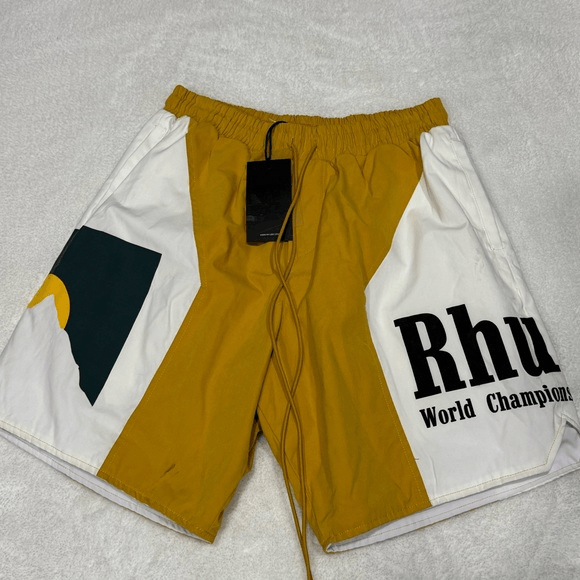 image of Rhude Panel Logo Shorts White Yellow Multi Men’S Medium, Men's (Size 34)