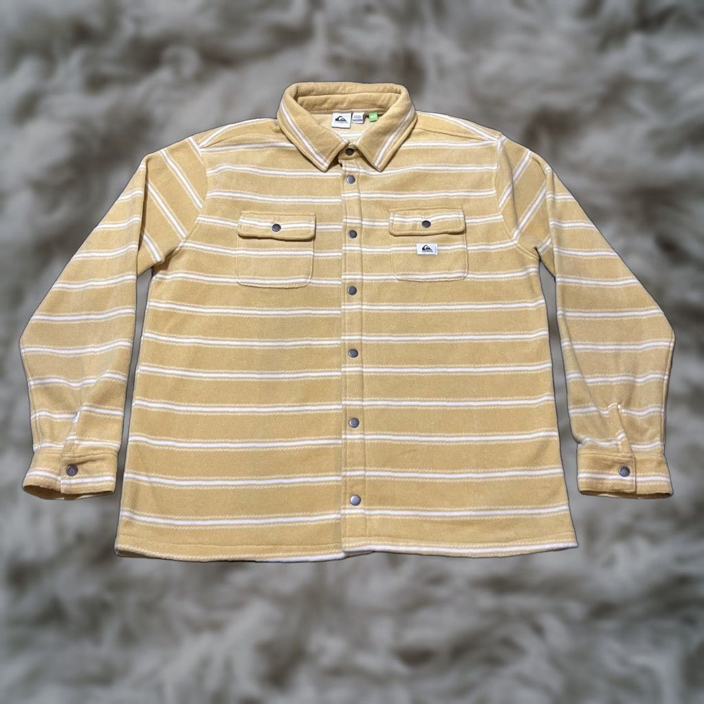 Quiksilver Shirt Mens 2XL Yellow White Striped Button Up Fleece Shacket Pockets