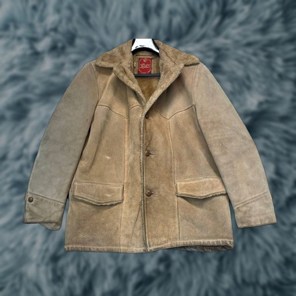 VINTAGE Genuine Leather Suede Heavy Jacket Mens Mid-Length Brown L See Pic Pockets Lined Classic Outdoor Retro USA American Jacket