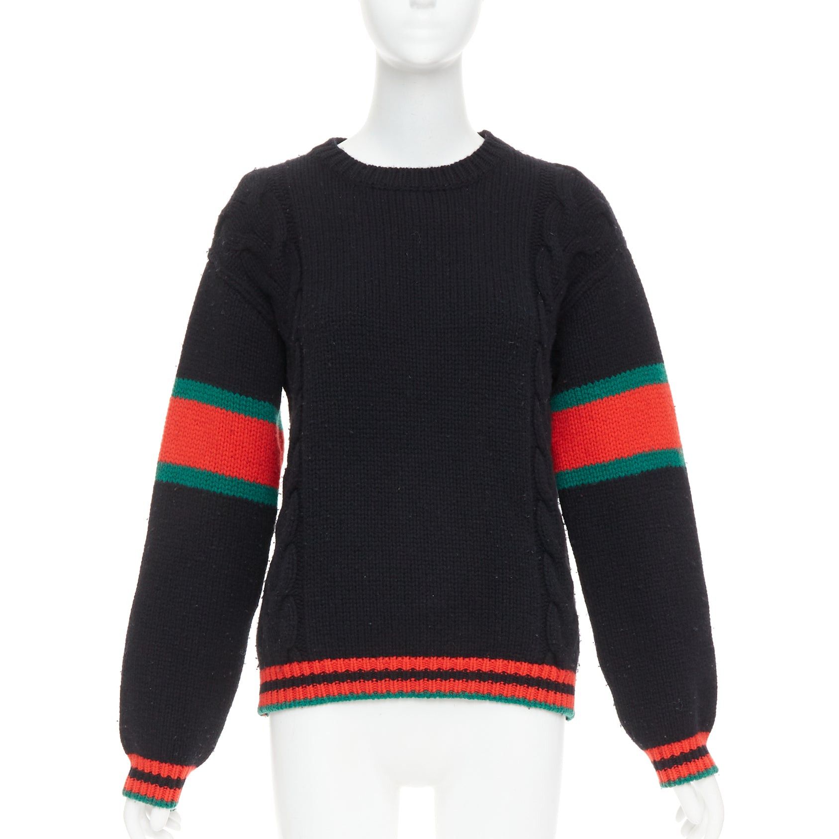 Gucci GUCCI 2021 black wool red green trim cable braid crew neck sweater XS Size S / US 4 / IT 40 - 1 Thumbnail