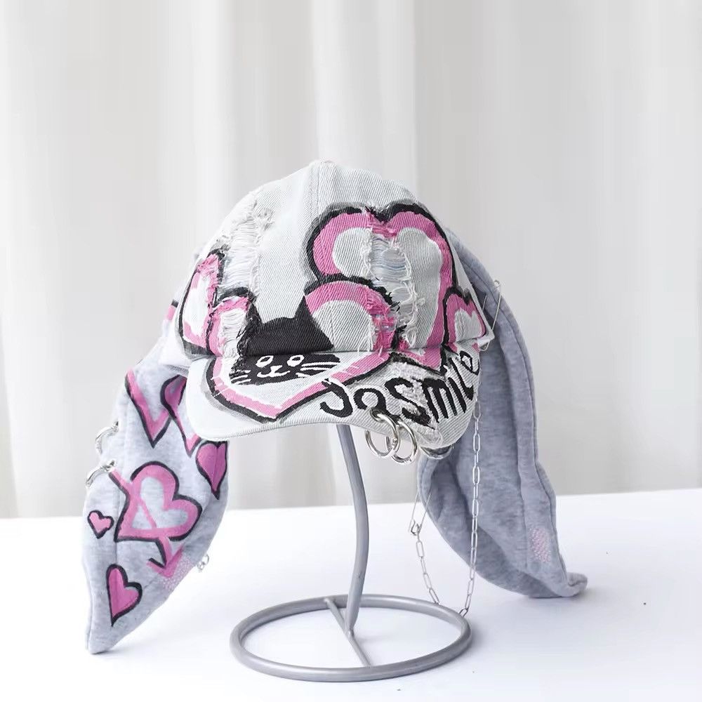 Japanese Brand Graffiti Long Rabbit Ears Ripped Metal Ring Cap Size ONE SIZE - 9 Thumbnail