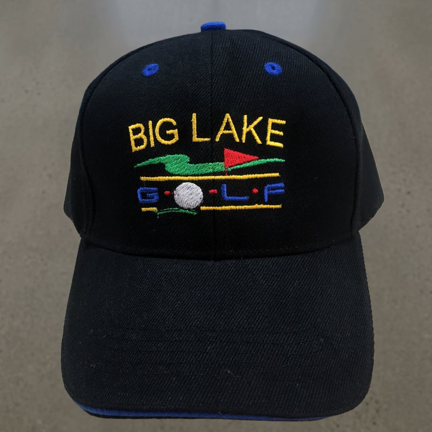 Vintage Big Lake Golf Baseball Cap Hat Black Blue OS Curved Brim Embroidered Logo Mens Size ONE SIZE - 1 Thumbnail