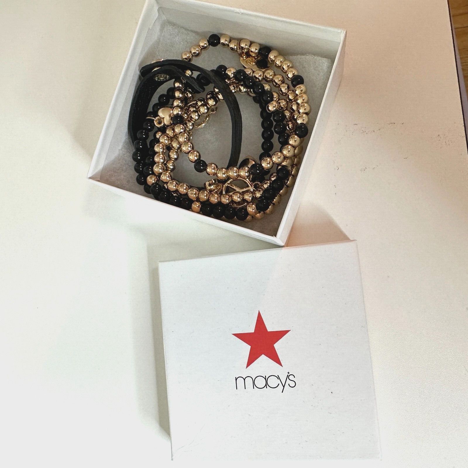 Macys Macy's Black & Gold Skull Heart Peace Bead Leather Bracelet Size ONE SIZE - 2 Thumbnail