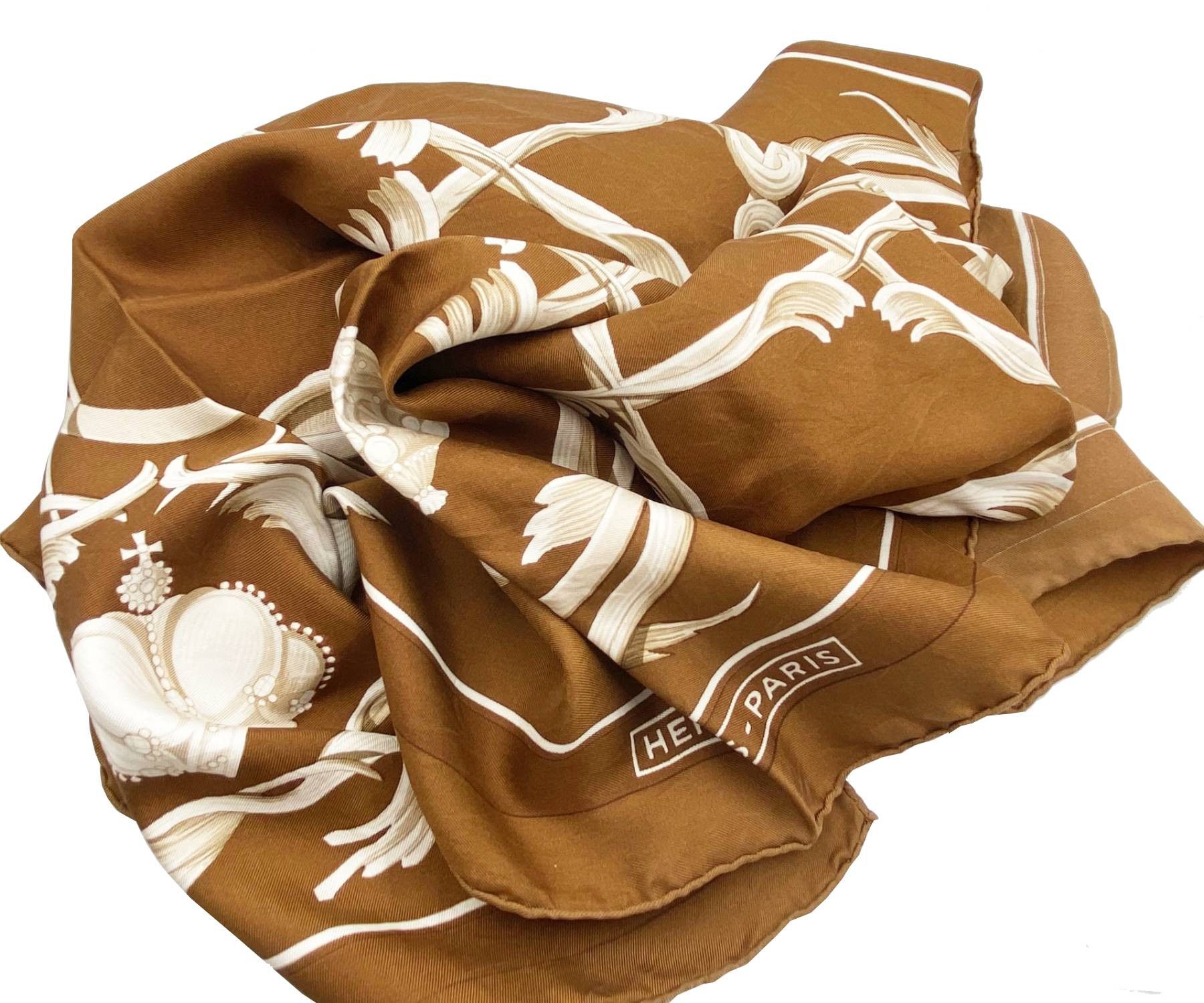 image of Hermes Vintage Carres Couronnes Crown Scarf in Brown, Women's