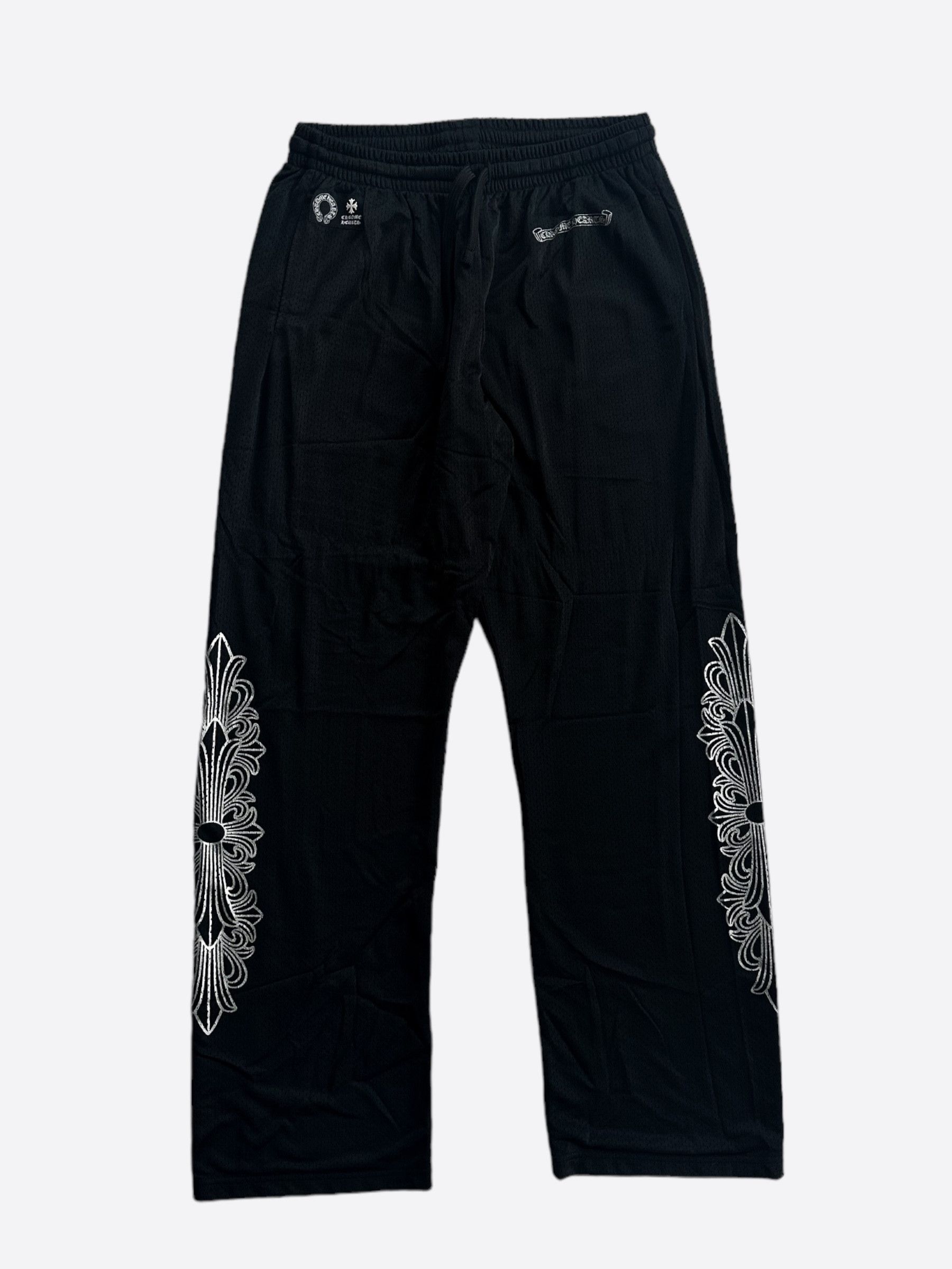 image of Chrome Hearts Black & White Floral Nylon Mesh Trackpants, Men's (Size 34)