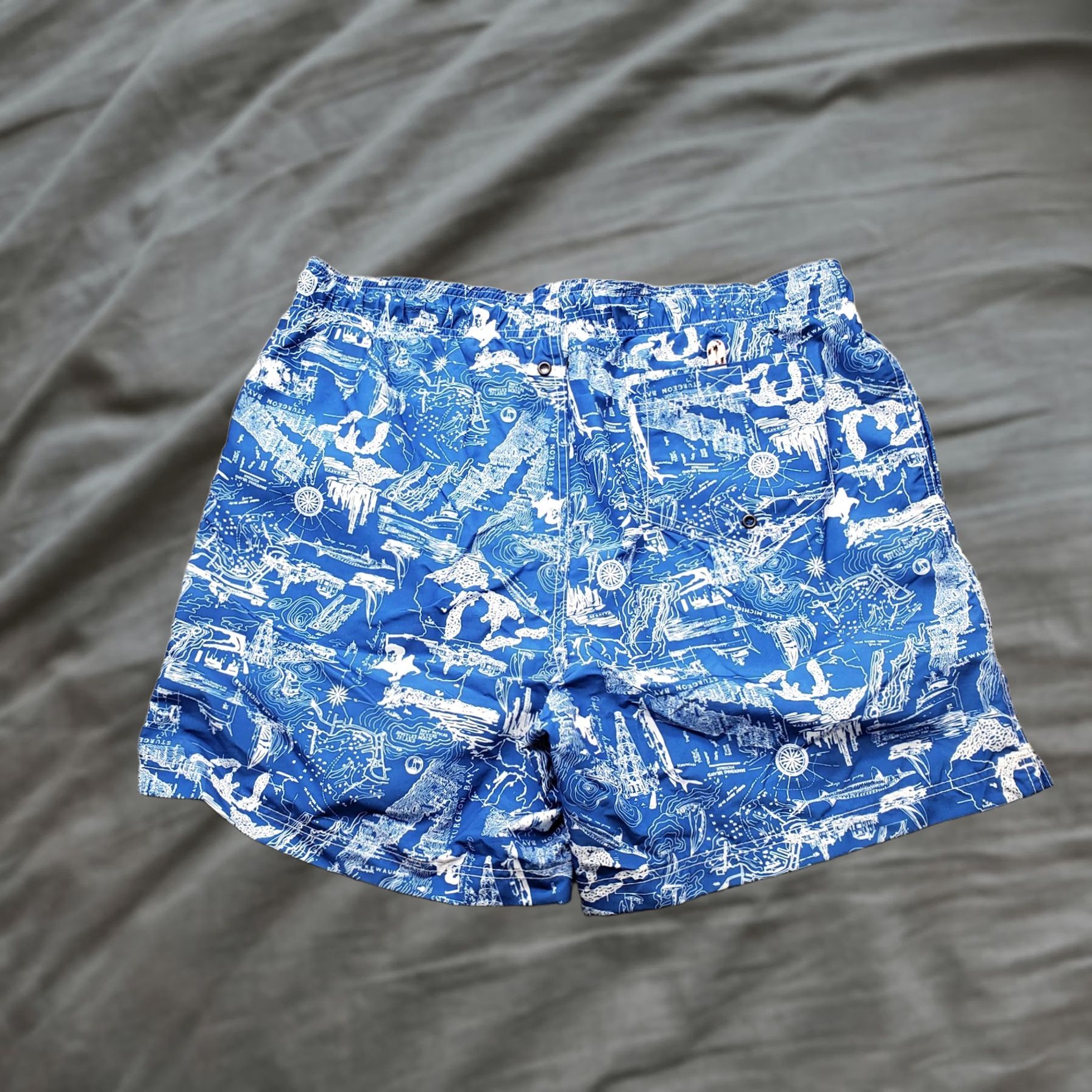 Lands' End Lands' End Mens Swim Trunks Trunks: Mens Size L Multicolor Great Lakes Map Drawstring Waist Swimsuit Bottom Beach Pockets Size US 33 - 1 Thumbnail