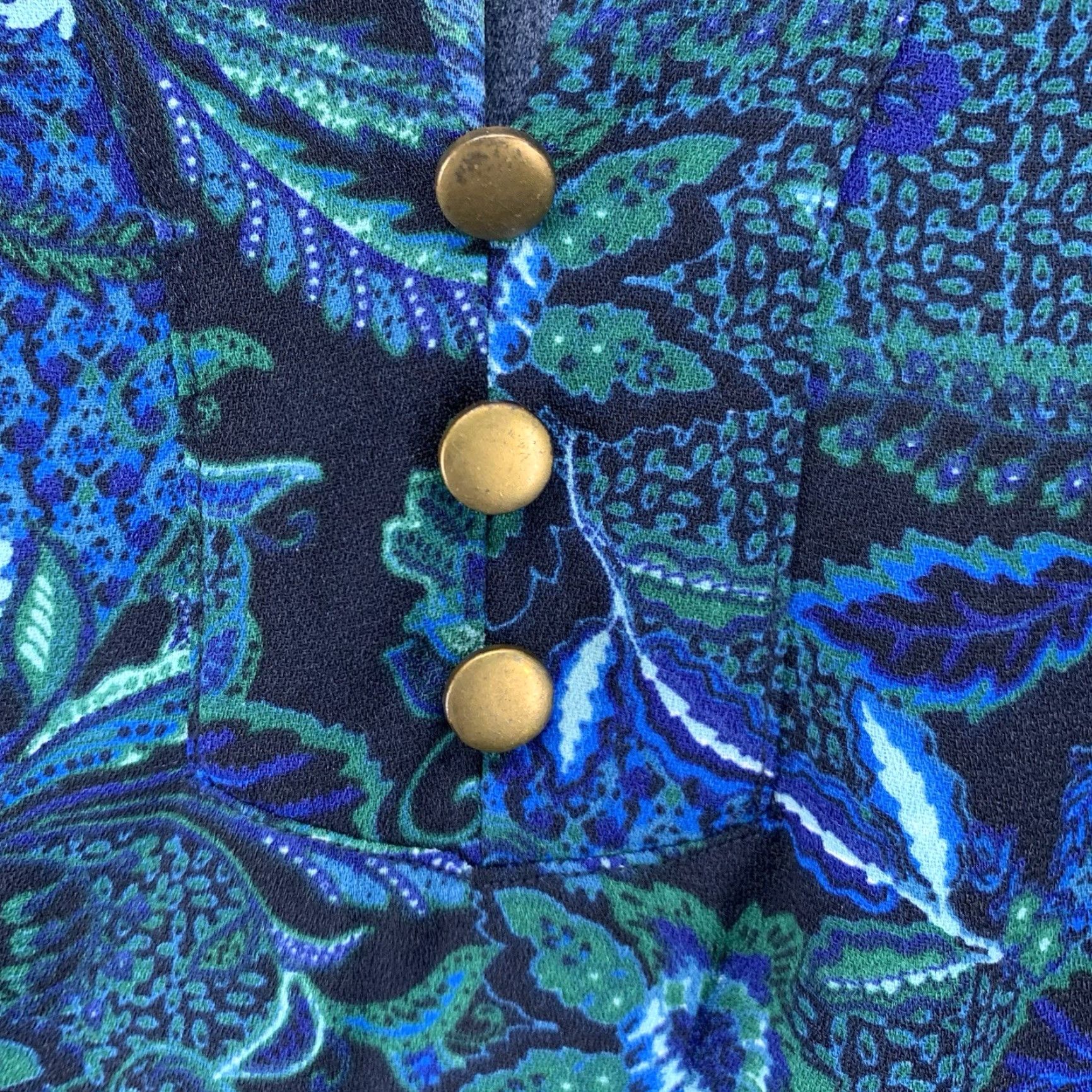 Vintage Women’s Deep Blue Green Botanical Large Dress Balloon Sleeve Metal Buttons Flowy Size L / US 10 / IT 46 - 5 Thumbnail