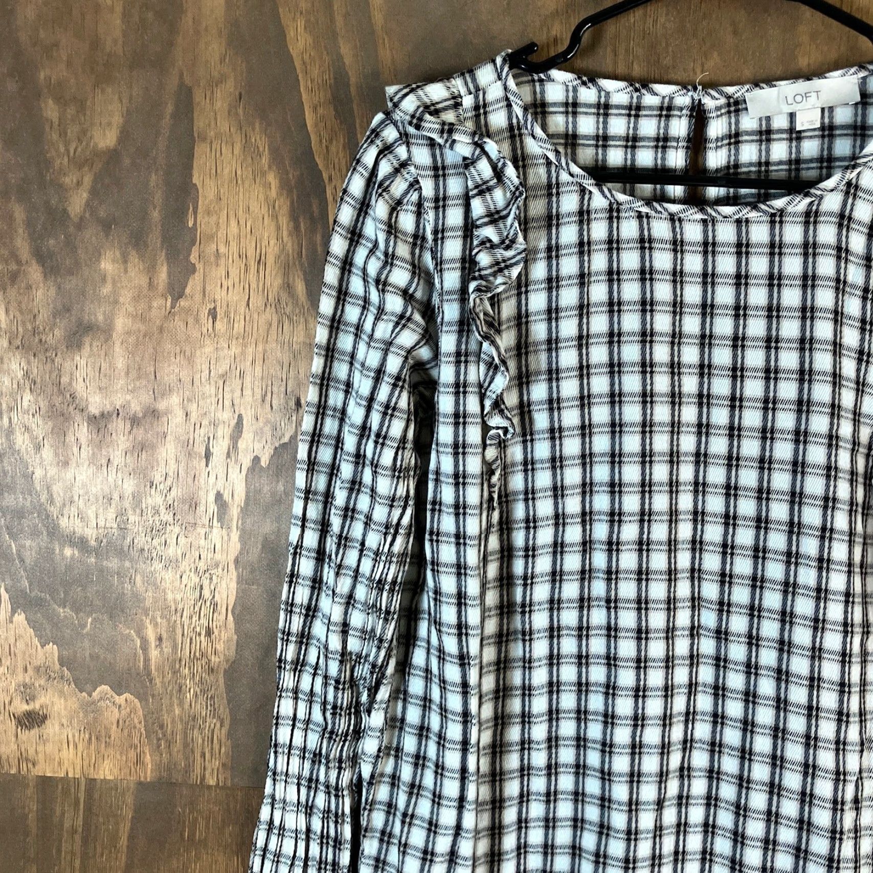 Loft LOFT Womens Blouse White Multicolor Plaid Ruffle Long Sleeve 100% Cotton Small Size S / US 4 / IT 40 - 4 Thumbnail