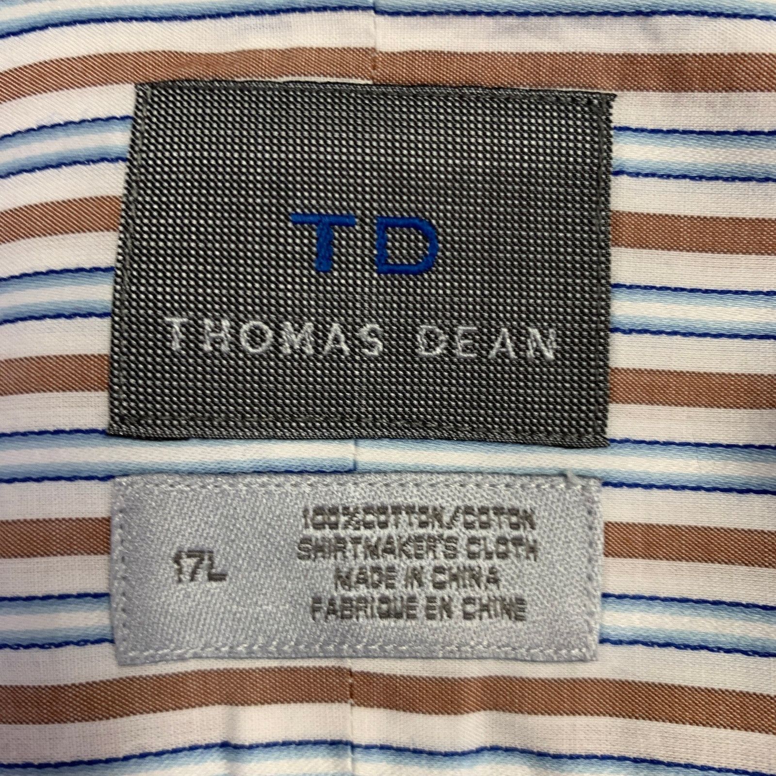 Thomas Dean White Blue Brown Stripe Cotton Oversized Long Sleeve Shirt Size US L / EU 52-54 / 3 - 6 Thumbnail