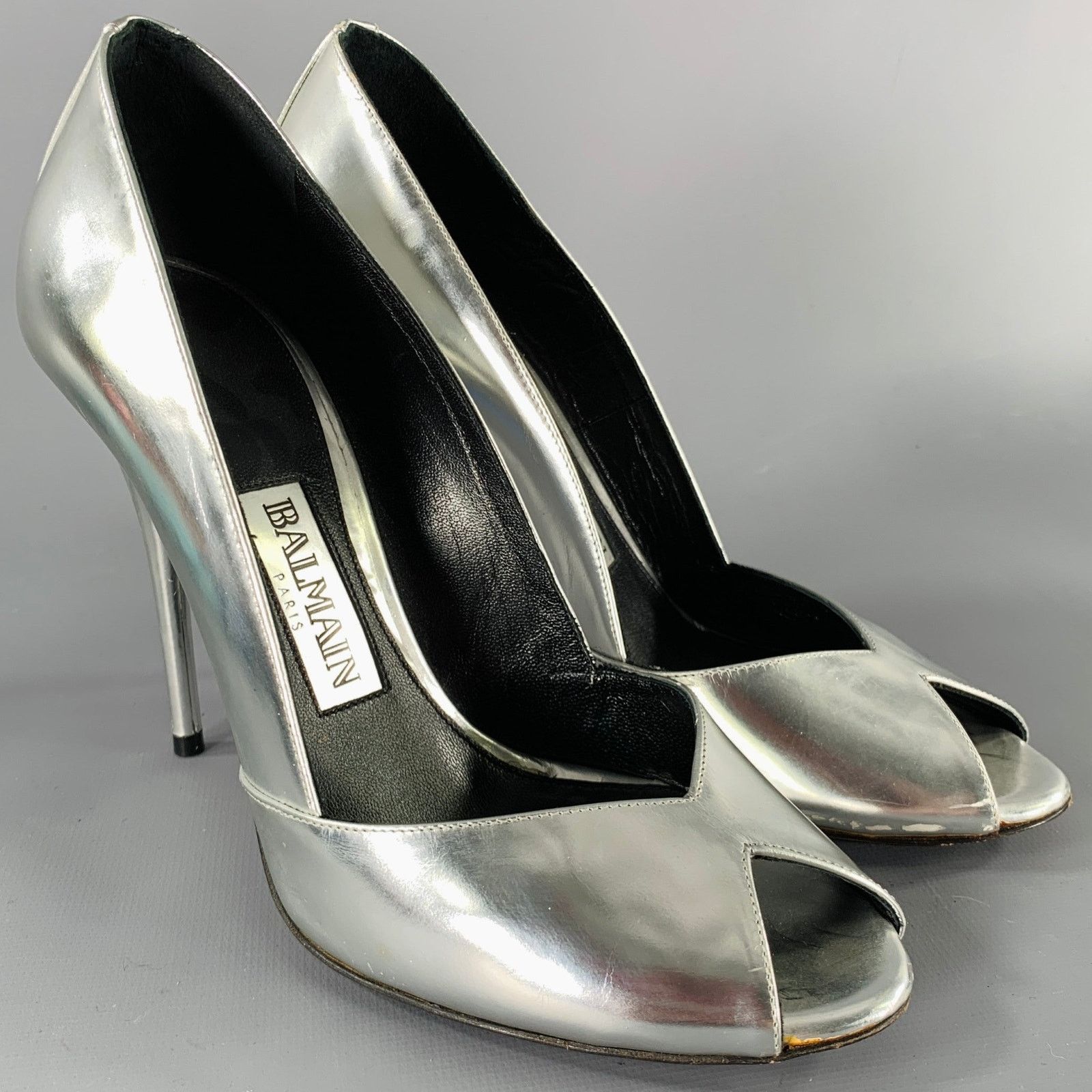 Balmain BALMAIN Size 6 Silver Patent Leather Peep Toe Heels Pumps Size US 6 / IT 36 - 1 Thumbnail