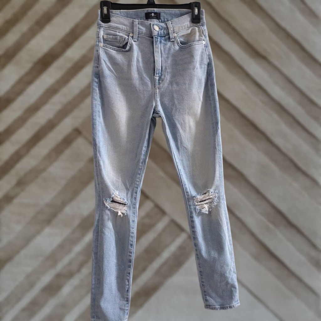 7 For All Mankind 7 For All Mankind High Waist Ankle Skinny Jeans Women 25 Blue Denim Solid Stretch Distressed Zipper 28 Inseam Size 42" / US 20 - 1 Thumbnail