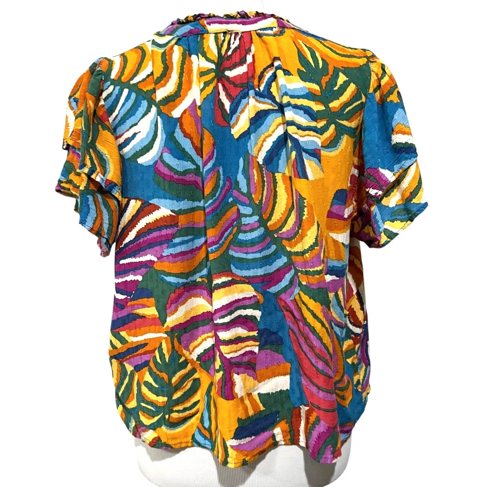 Christian Siriano Christian Siriano Top Blouse Flutter Sleeve Short Sleeve Beach Tropical Resort Multicolor Women sz L Colorful Gauzy Lightweight Rayon Split neck 90s? Size L / US 10 / IT 46 - 4 Thumbnail