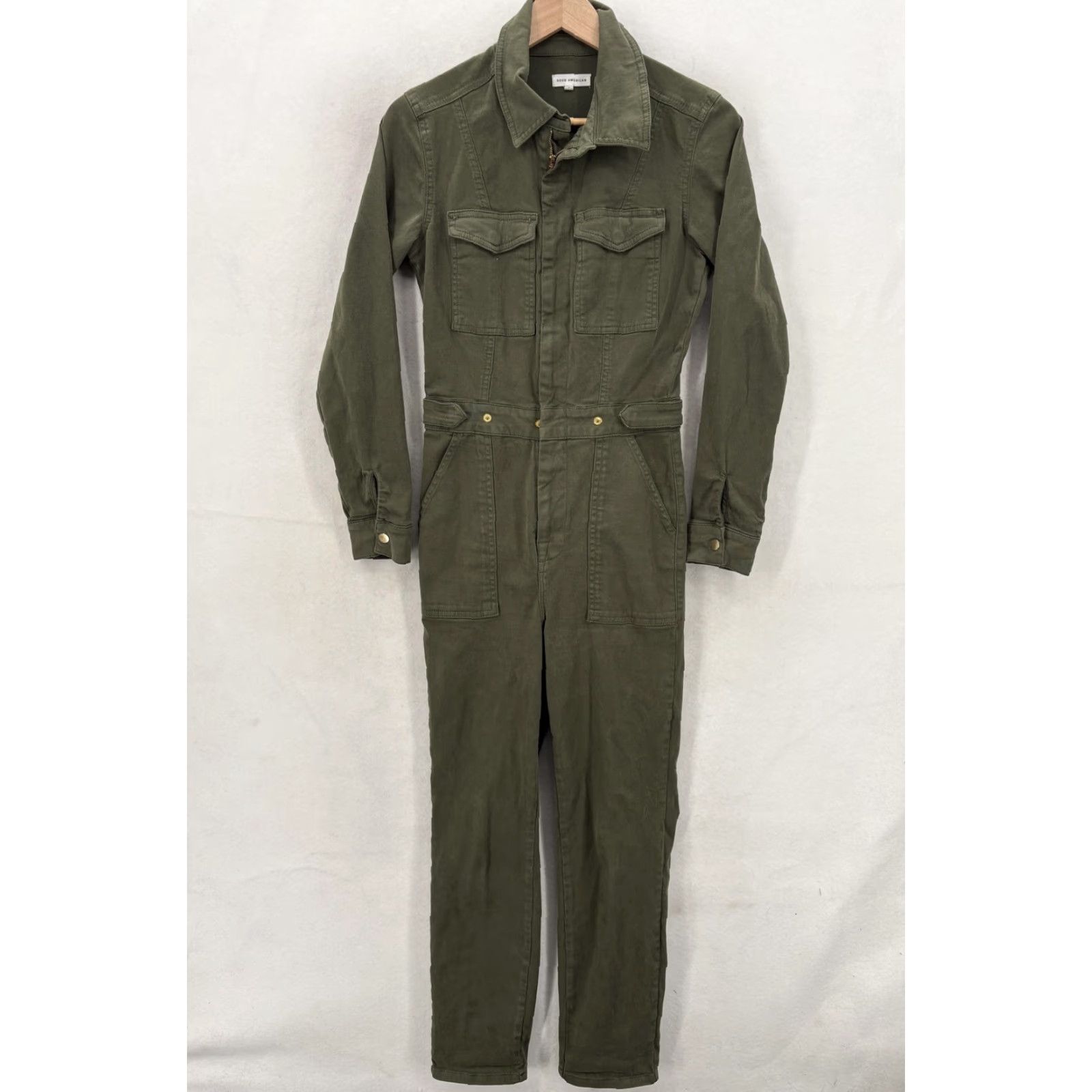 Good American VINTAGE Good American Jumpsuit Womens 7 Green Twill Cotton Blend Long Sleeve Solid 1 Piece Casual Travel Size 28" / US 6 / IT 42 - 2 Thumbnail