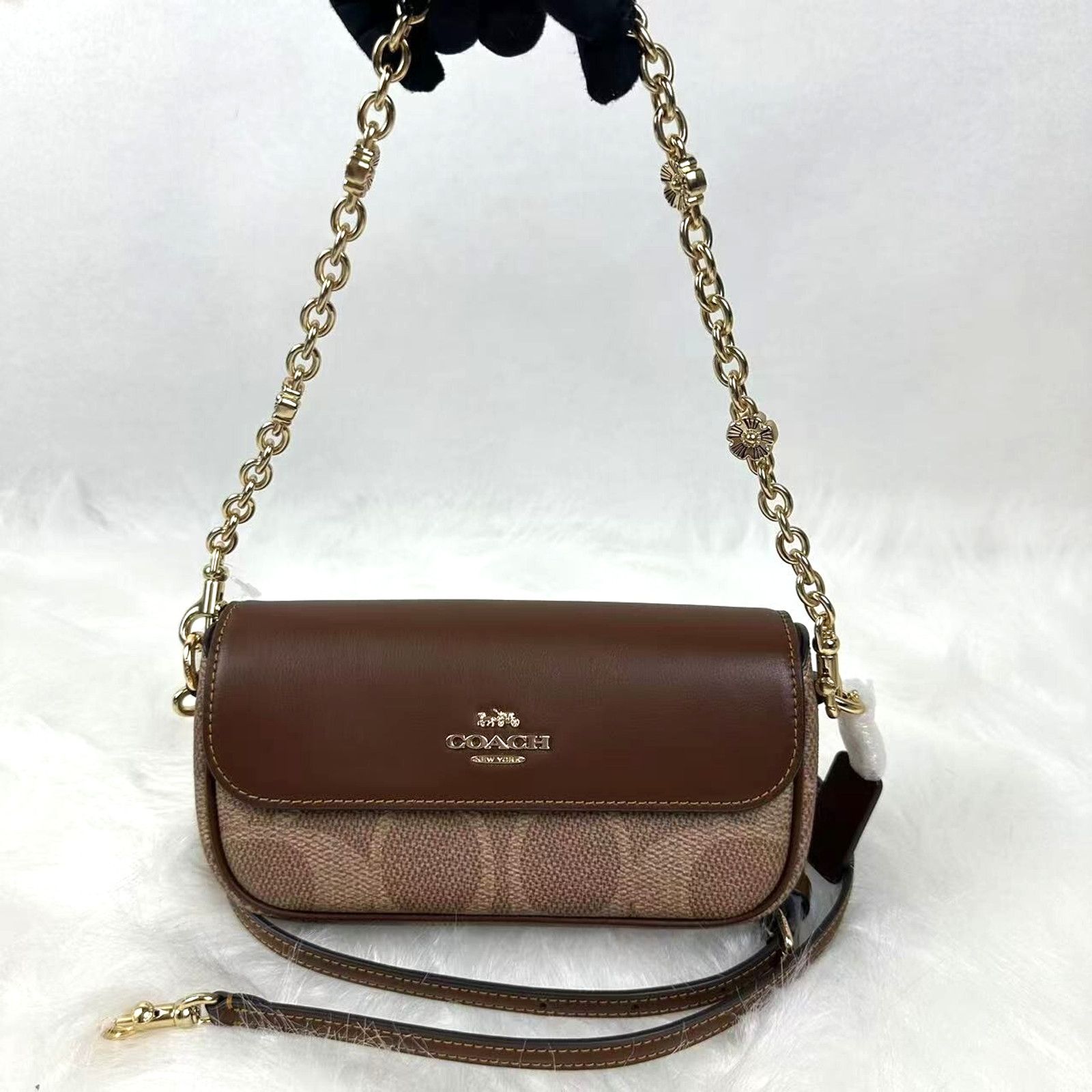 Coach Hailey Flap Bag Sig Canvas Shoulder Xbody Chain Strap in Brown, Women's