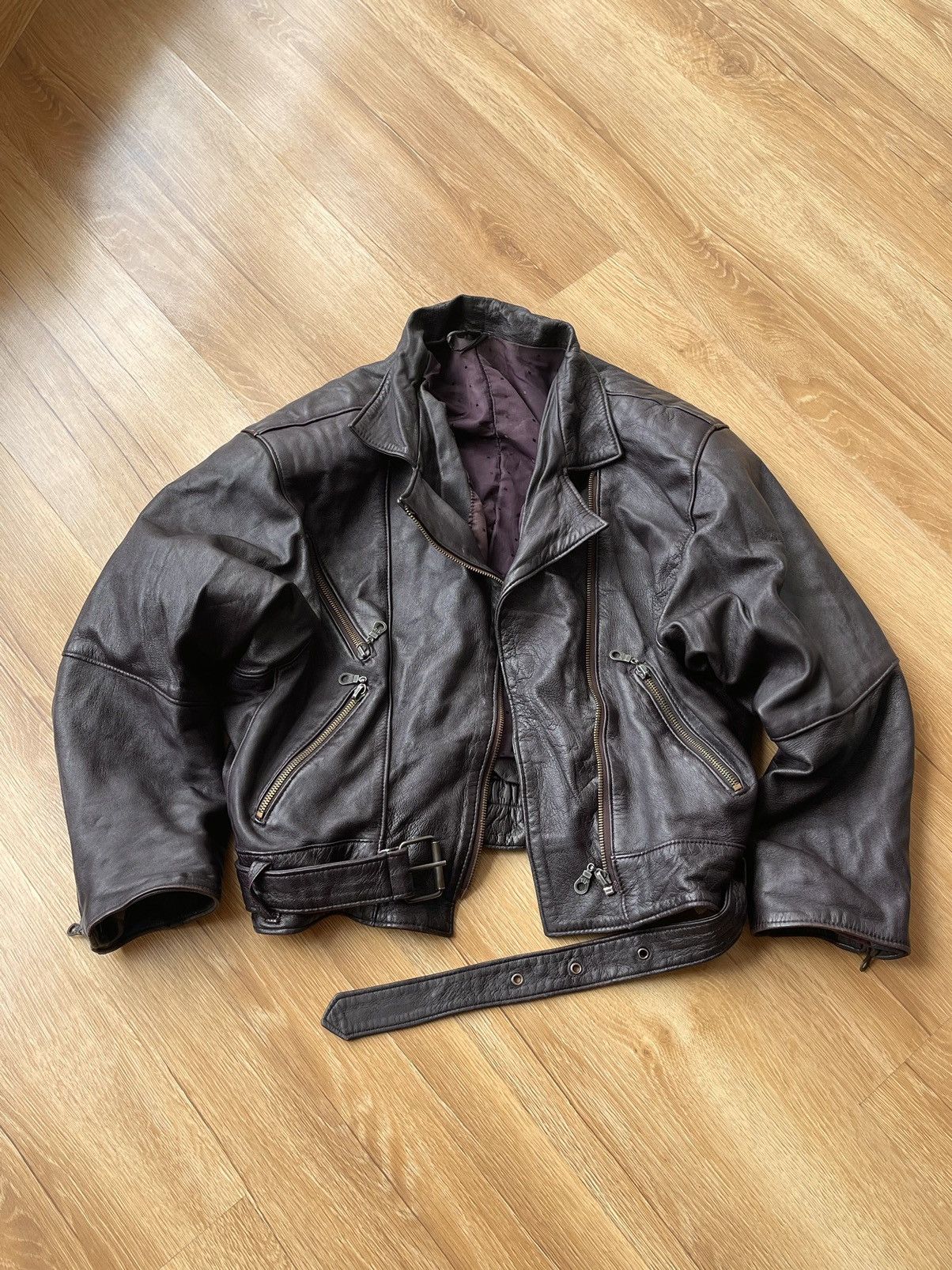 80s Leather Biker Opium Cropped Bomber Jacket LGB Style Belt