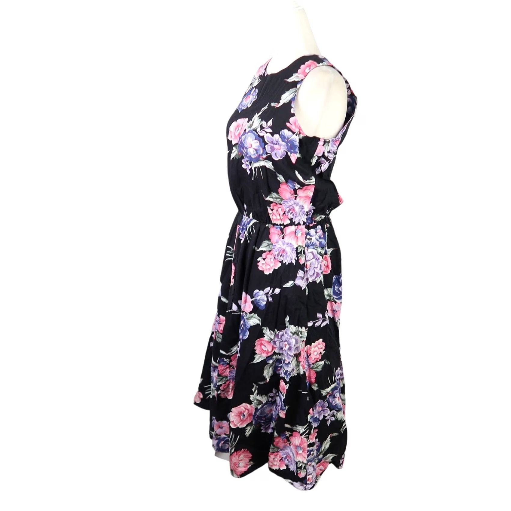 Vintage VINTAGE Moda International Floral Print A-Line Midi Dress Sleeveless M Women Cotton 90s 80s Black Pink Purple Size M / US 6-8 / IT 42-44 - 3 Thumbnail