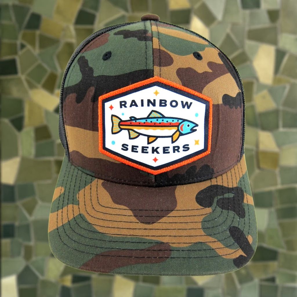 Rainbow Rainbow Seekers Camouflage Green Brown Black Fish Fishing Hunting Trucker Hat OS Size ONE SIZE - 1 Thumbnail