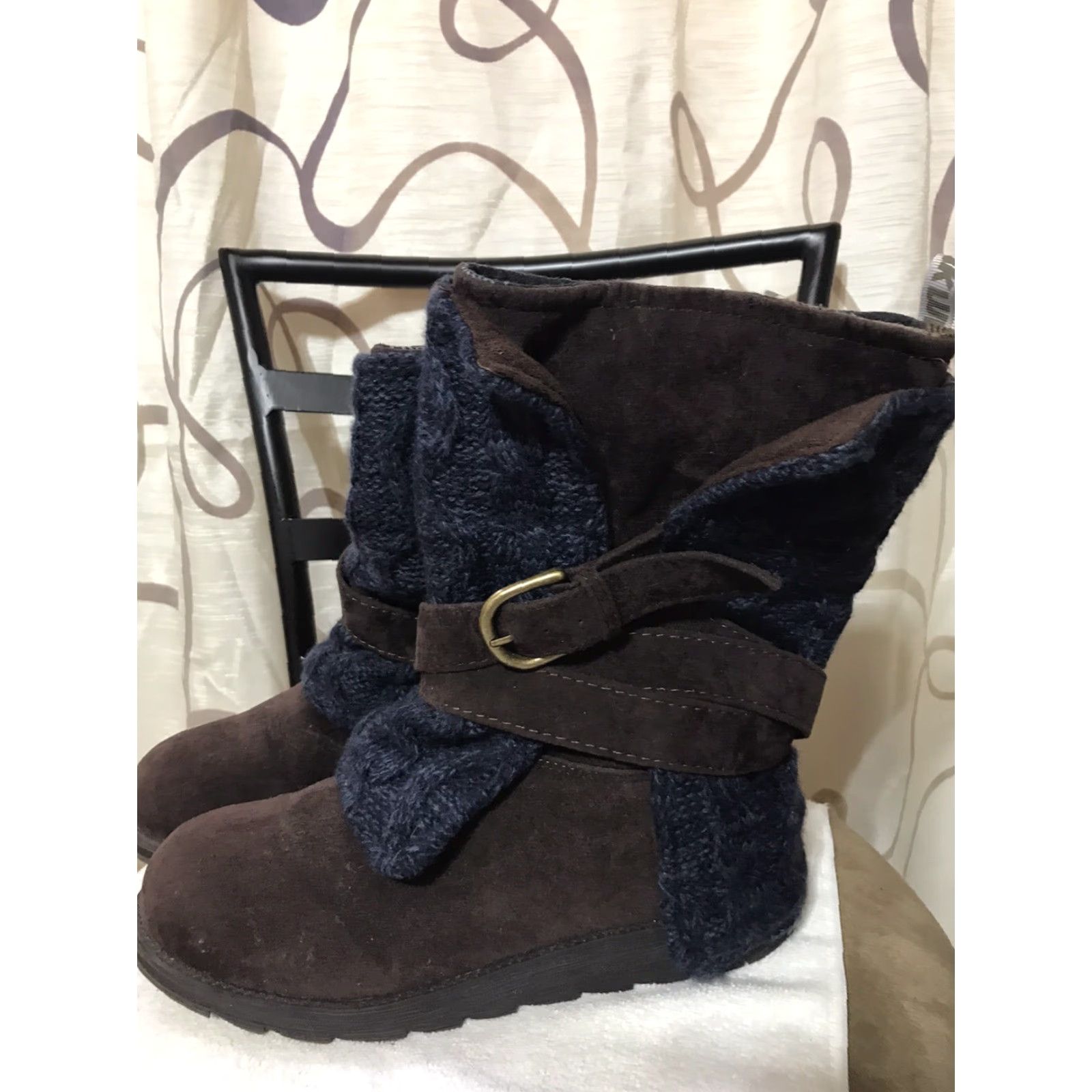 Vintage VINTAGE? No — skip. Final title: Muk Luks Boots Sweater Suede Wool Blend Booties Women Size 7 Chocolate Brown/Blue Mid-Calf Lined Comfort Size M / US 6-8 / IT 42-44 - 2 Thumbnail