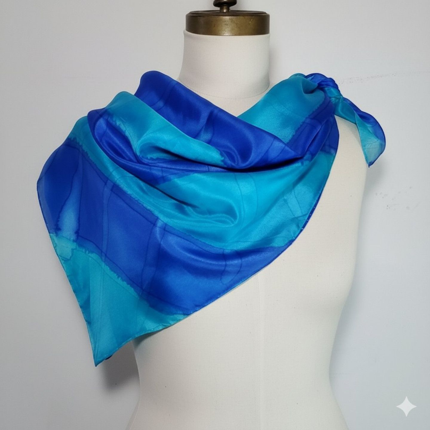 Handmade Silk 33x35" Scarf Signed FT Turquoise Cobalt Blue Hand Dyed Size ONE SIZE - 1 Thumbnail