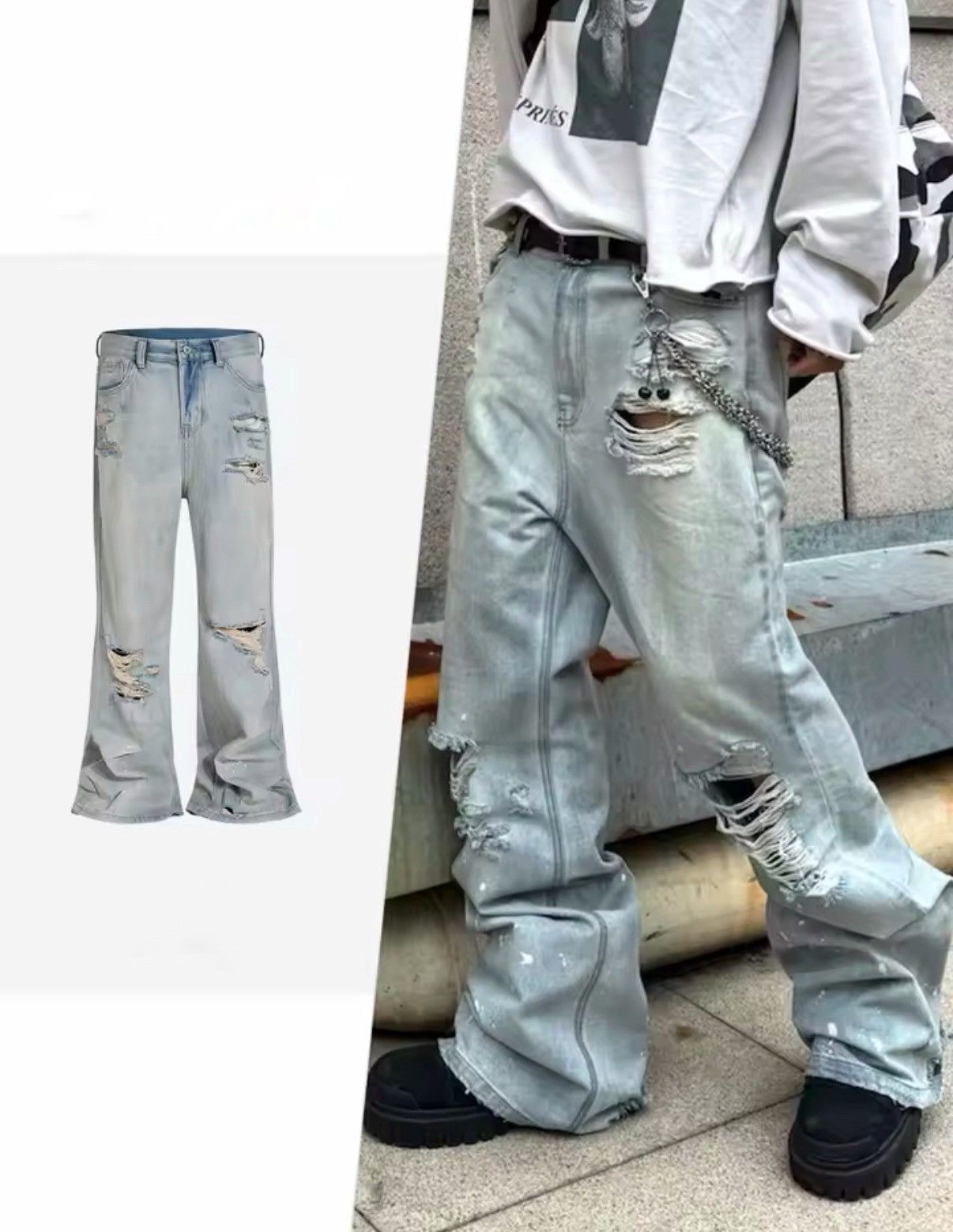 Jean Distressed Vintage Retro Style Flared Ripped Jeans Y2k Size US 32 / EU 48 - 1 Thumbnail