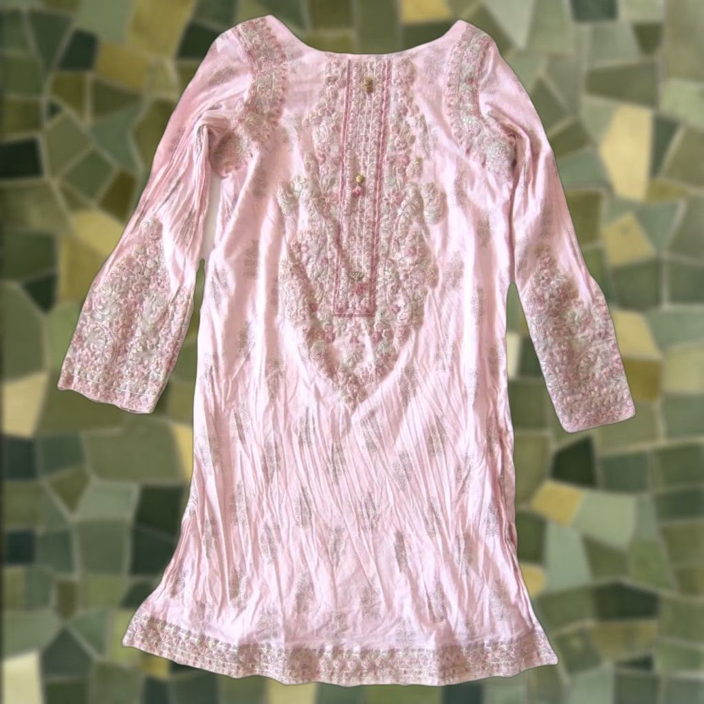 Vintage Maria B. Cotton Pink Green Embroidered Beaded Floral Long Sleeve Kurta Dress S Size S / US 4 / IT 40 - 1 Thumbnail