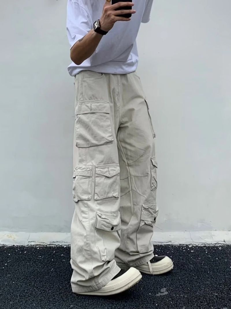 image of Vintage Cargo Pants Multi-Pockets Harajuku Straight Trousers in White, Men's (Size 32)