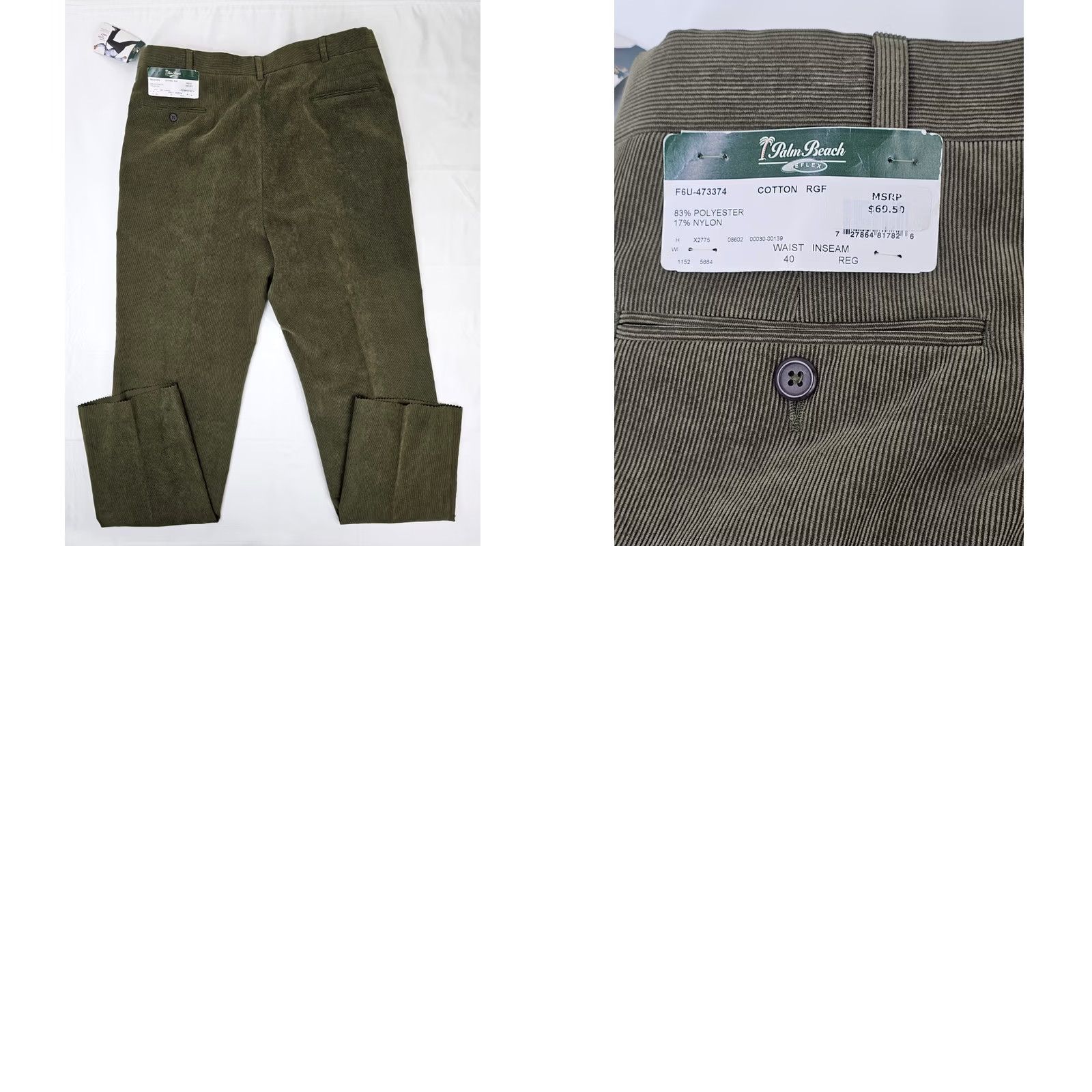 Vintage Palm Beach Reflex Pants Dress Unhemmed Raw Pleated Corduroy Olive Green 40x37 Men Straight Pocket Wool Cotton Size US 40 / EU 56 - 9 Thumbnail