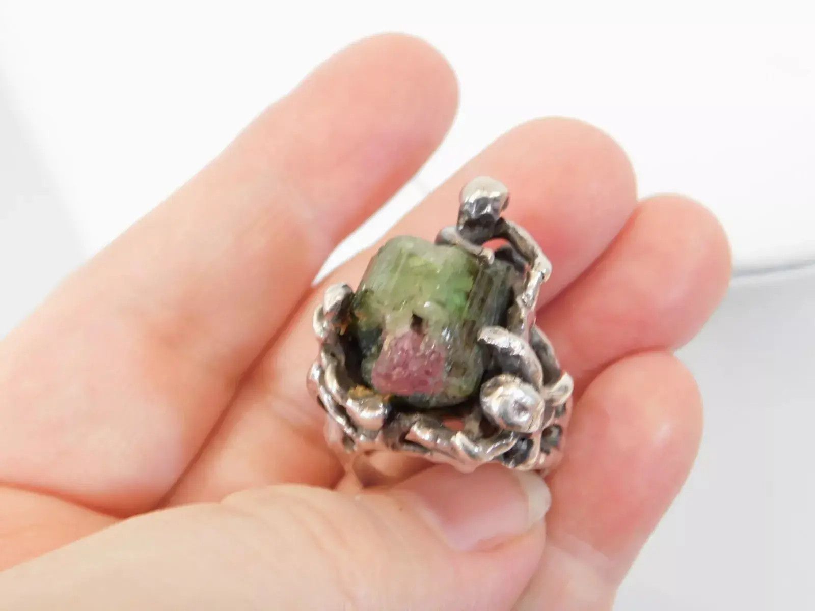 Vintage Vintage Sterling Silver Ring Tourmaline Size 7 Brutalist Size ONE SIZE - 9 Thumbnail