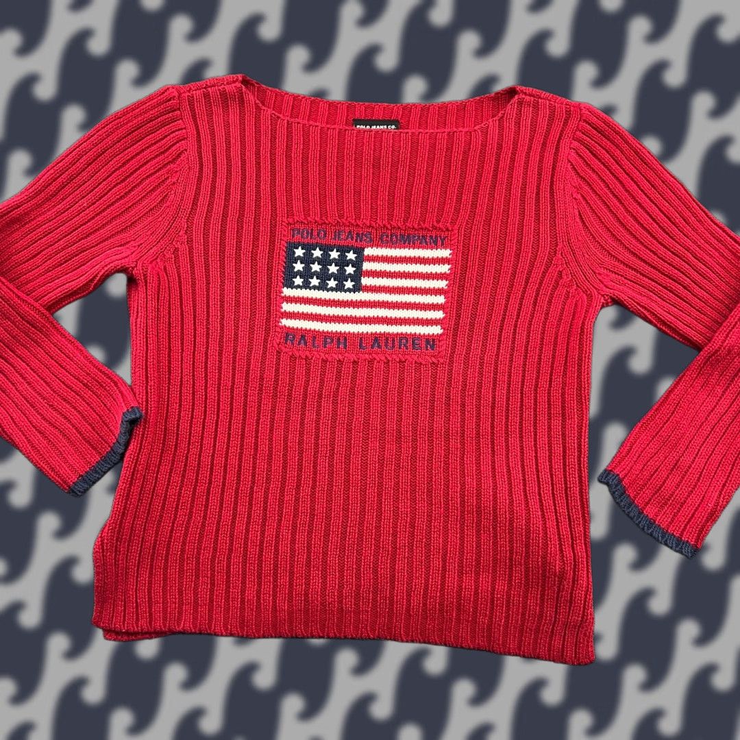 Polo Ralph Lauren Polo Ralph Lauren Sweater Shirt Womens Large Red Knit 100% Cotton Pullover Vintage USA Flag Jumper Size L / US 10 / IT 46 - 1 Thumbnail