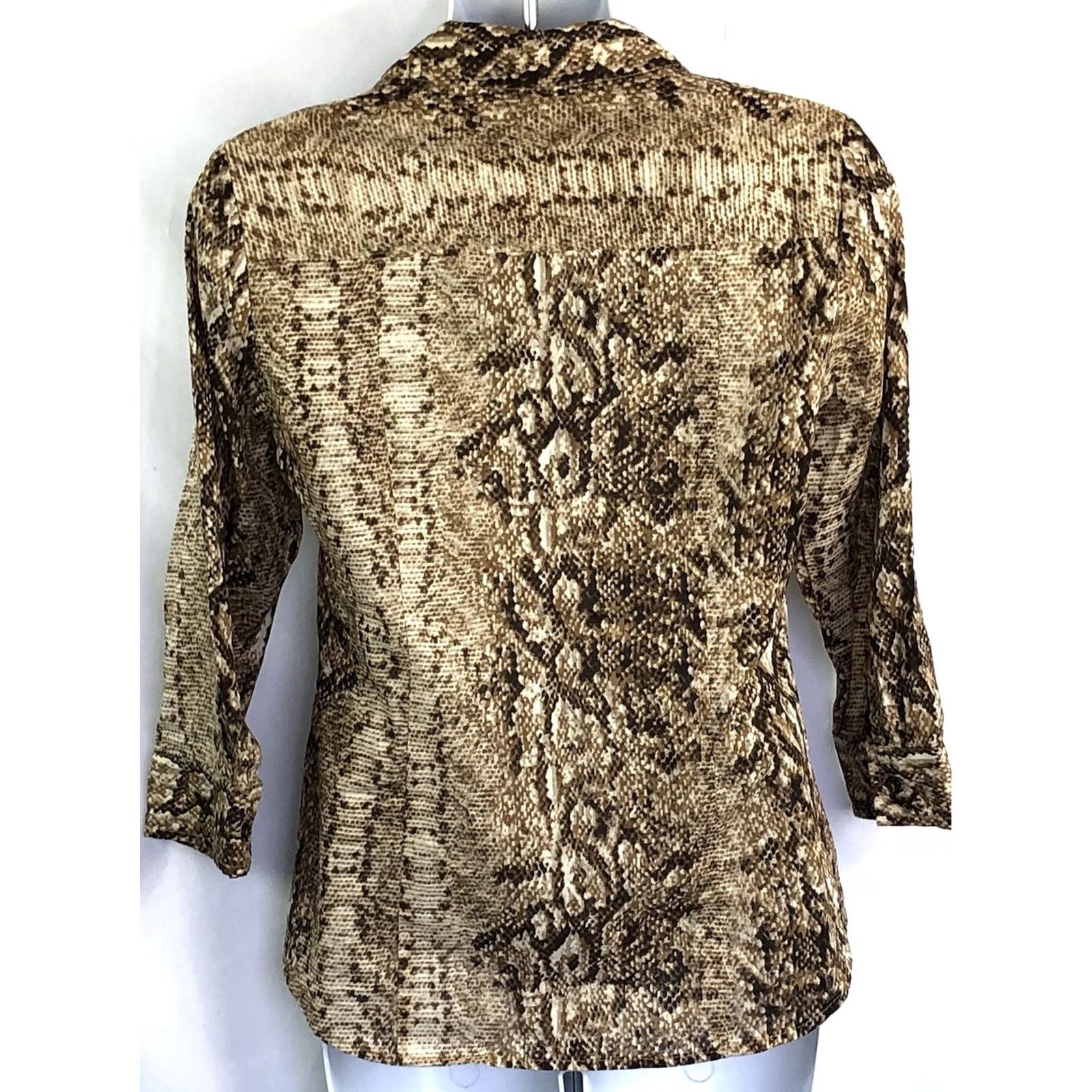 Vintage Zac & Rachel Top PS Brown Snake Button Up 3/4 Sleeve Pocket Boho Career Abstract Size S / US 4 / IT 40 - 3 Thumbnail