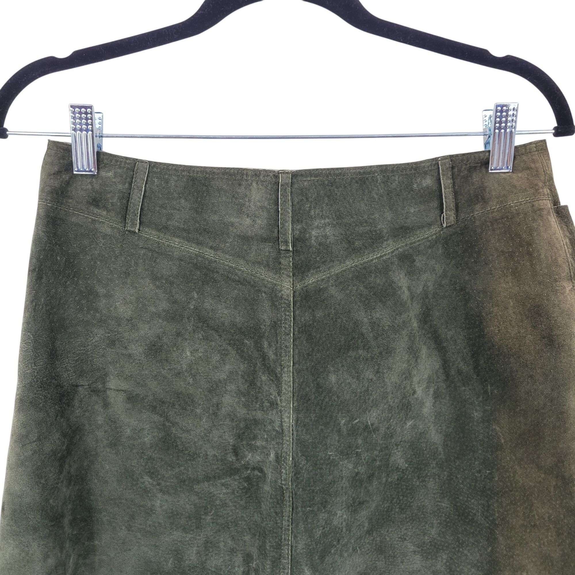 Vintage Vtg Olive Forest Green Suede Leather A-line Mini Skirt Women Size 32" / US 10 / IT 46 - 7 Thumbnail
