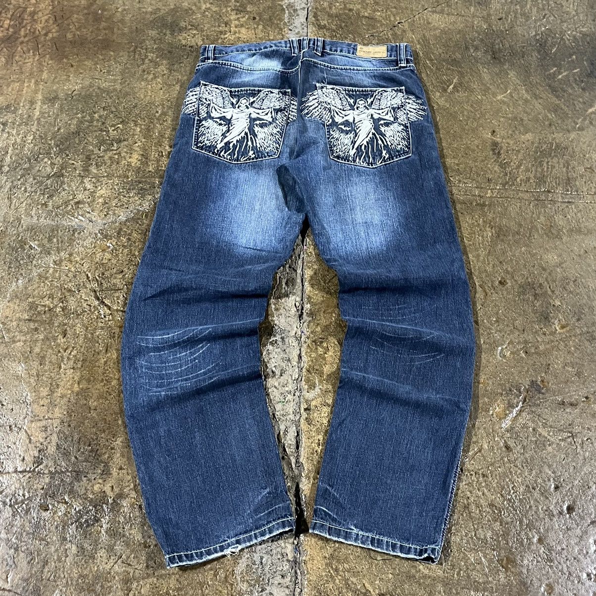 image of Affliction x Southpole Crazy Vintage Y2K Baggy Skater Jeans Grunge Skull Wings Jnco in Blue (Size 3