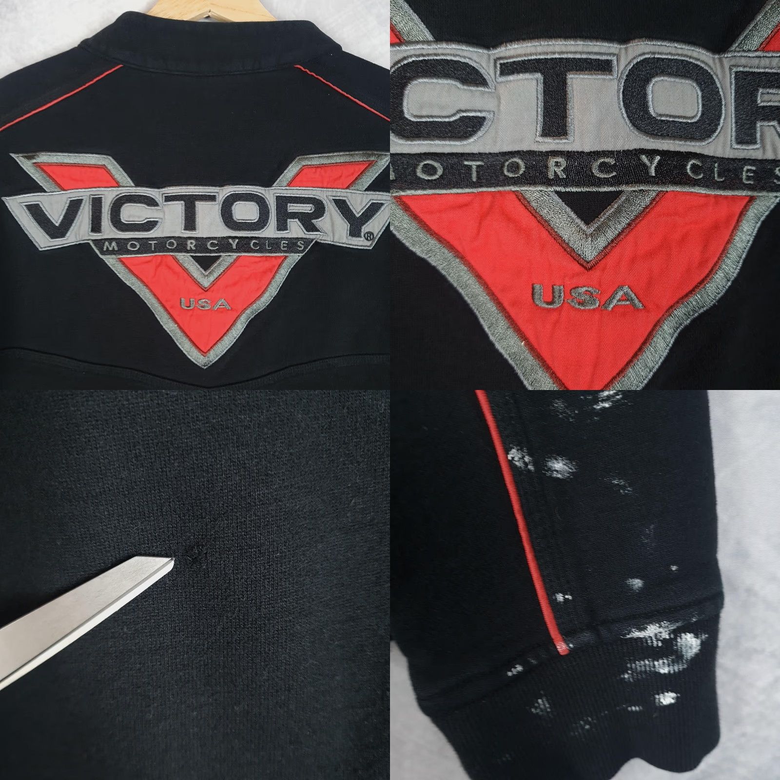 Vintage Victory Motorcycles Jacket Mens XL Black Distressed Embroidered Zip Full Zip Pockets Stand-Up Collar Autumn Casual Riding US Logo Size US XL / EU 56 / 4 - 10 Thumbnail