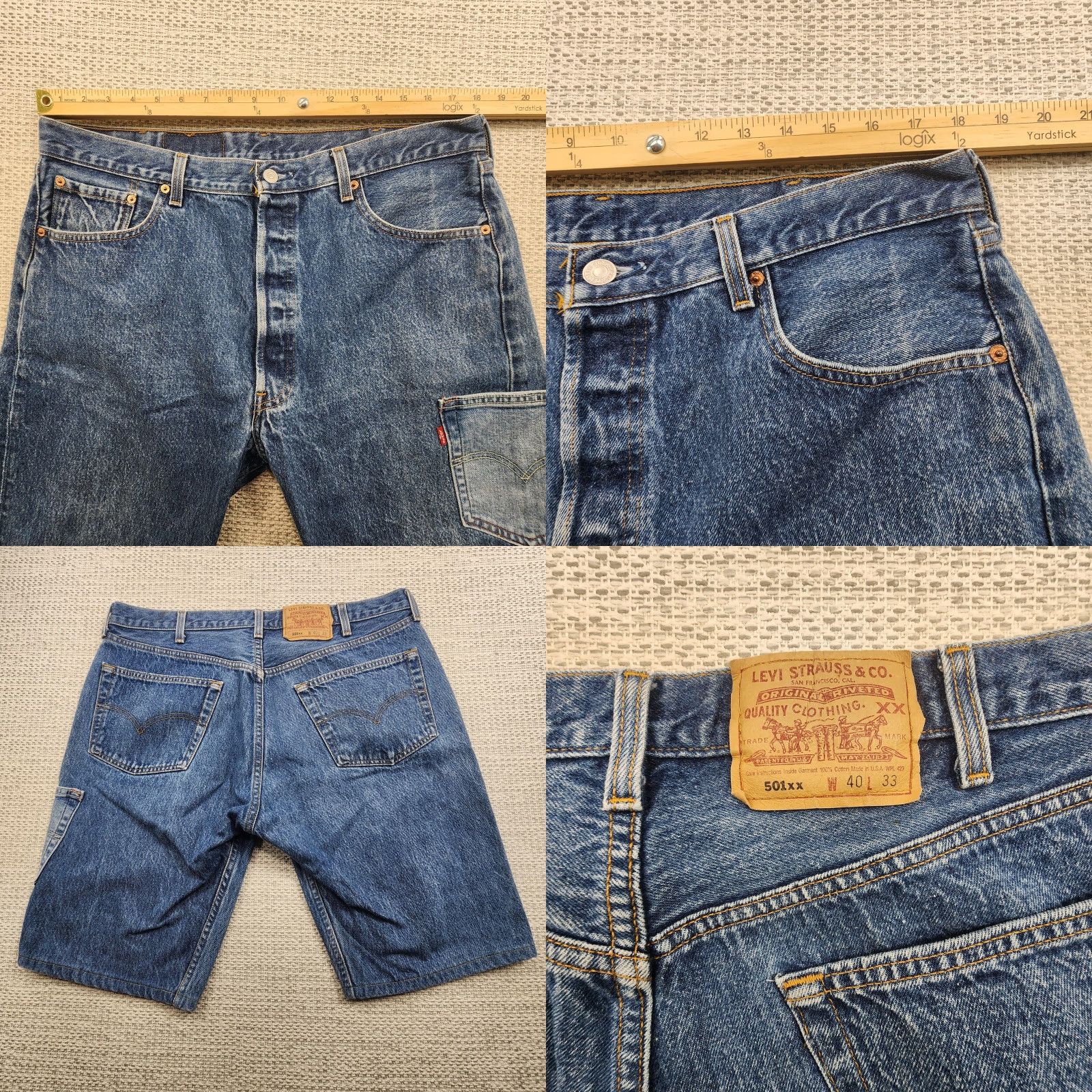 Levi's VINTAGE Levis 501xx Shorts Mens 40 Blue Denim Carpenter Utility Pocket Button Fly 5-Pocket Denim Workwear Summer Casual Mens Size US 40 / EU 56 - 8 Thumbnail