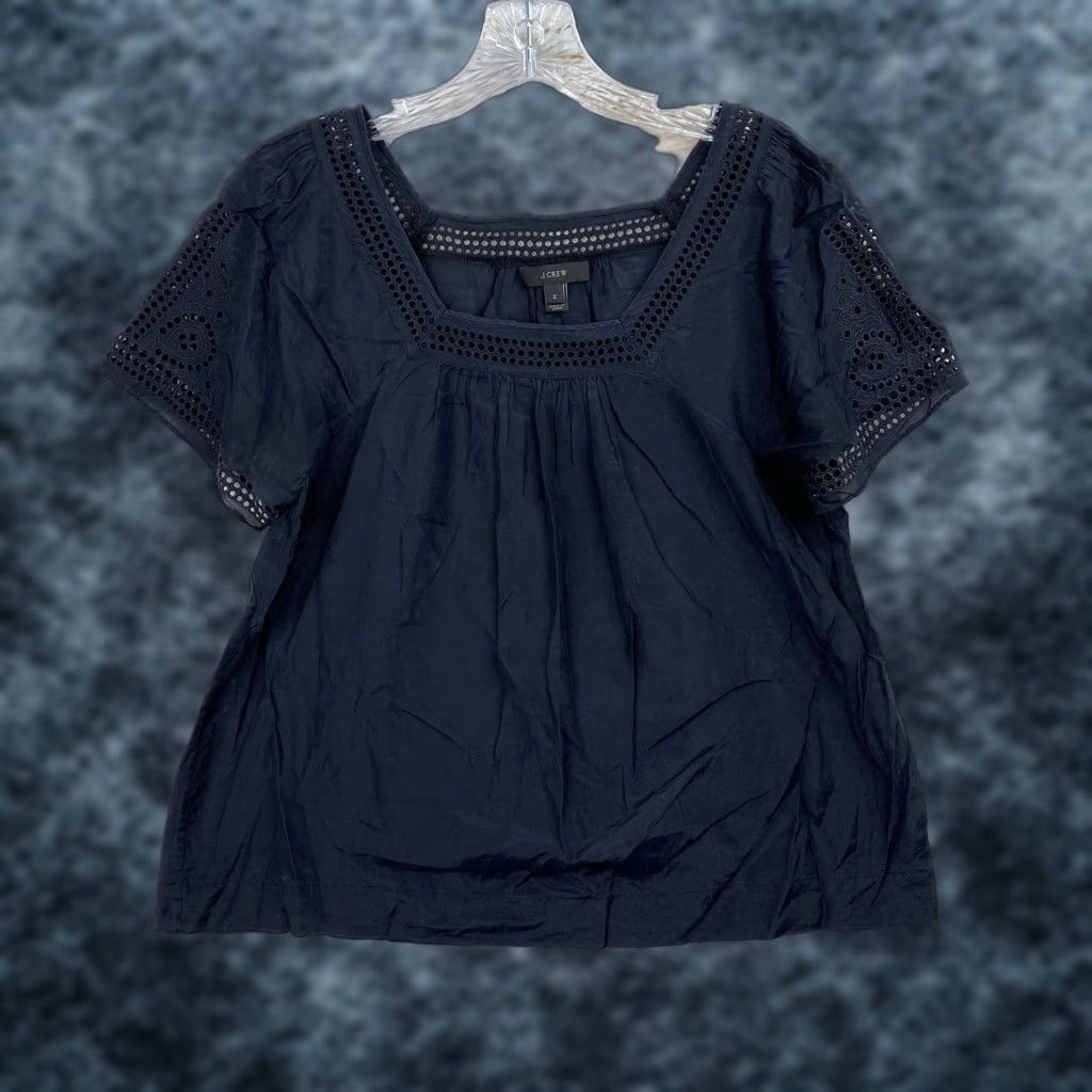 J.Crew J.CREW Blouse Shirt Womens 2 Blue Cotton/Silk Embroidered Cutout Detail Lightweight S/S Short Sleeve Square Neck Pullover Casual Floral Vintage: No Size XS / US 0-2 / IT 36-38 - 1 Thumbnail
