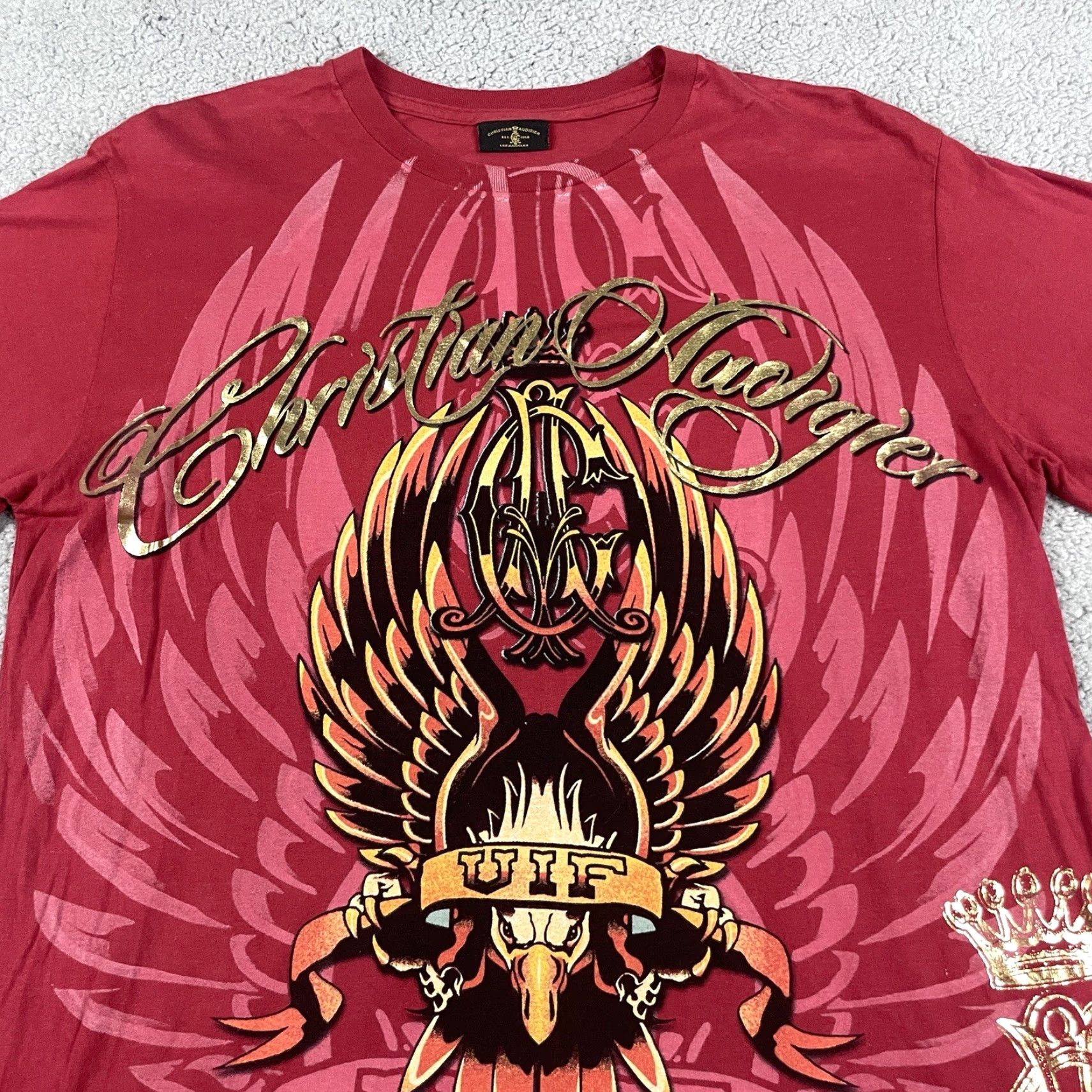 Vintage Christian Audigier T shirt Men’s L Red Short Sleeve AOP Gold Eagle Rose Rare* Size US L / EU 52-54 / 3 - 2 Thumbnail