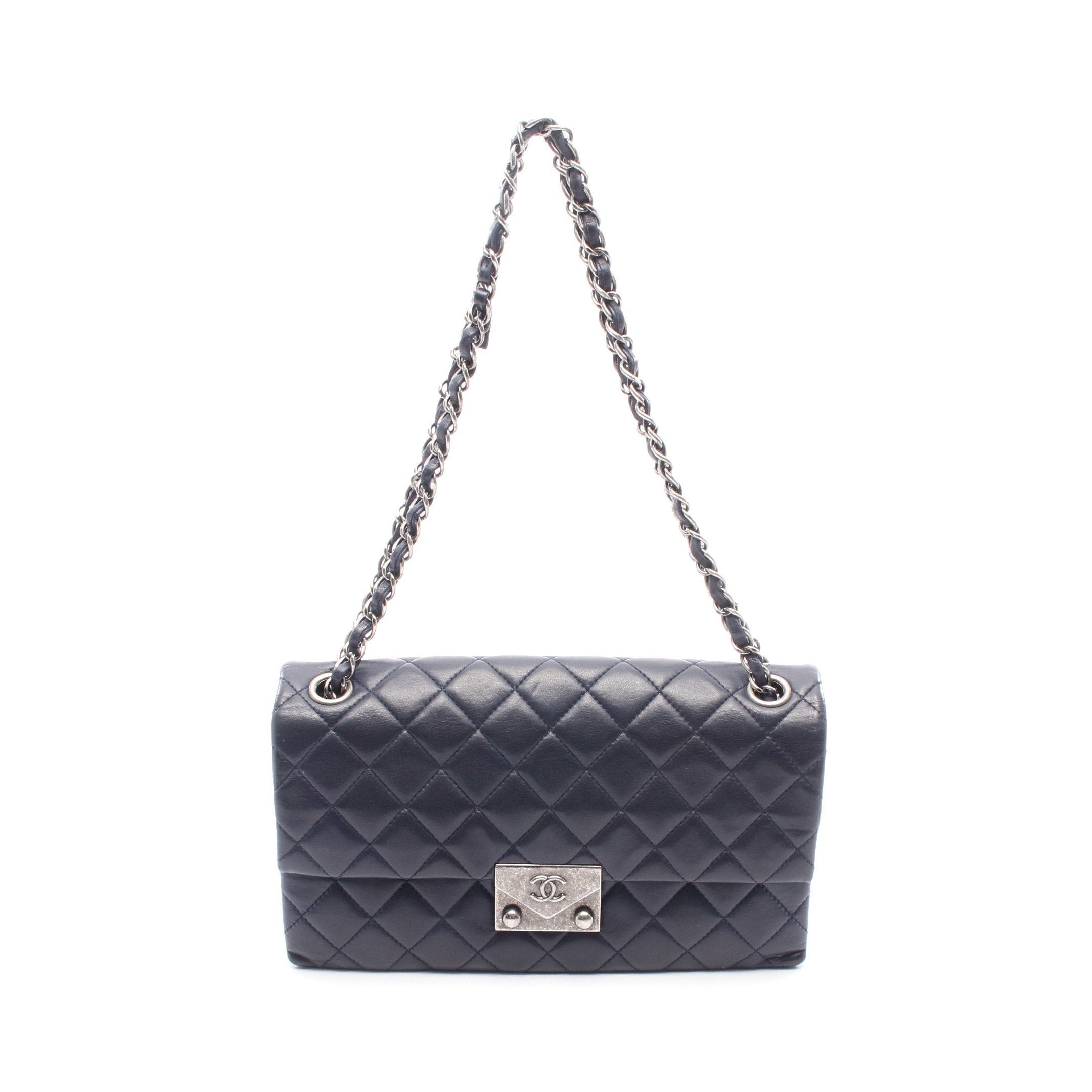 Chanel Matelasse Chain Shoulder Bag Leather Navy Antique Silver Hardware
