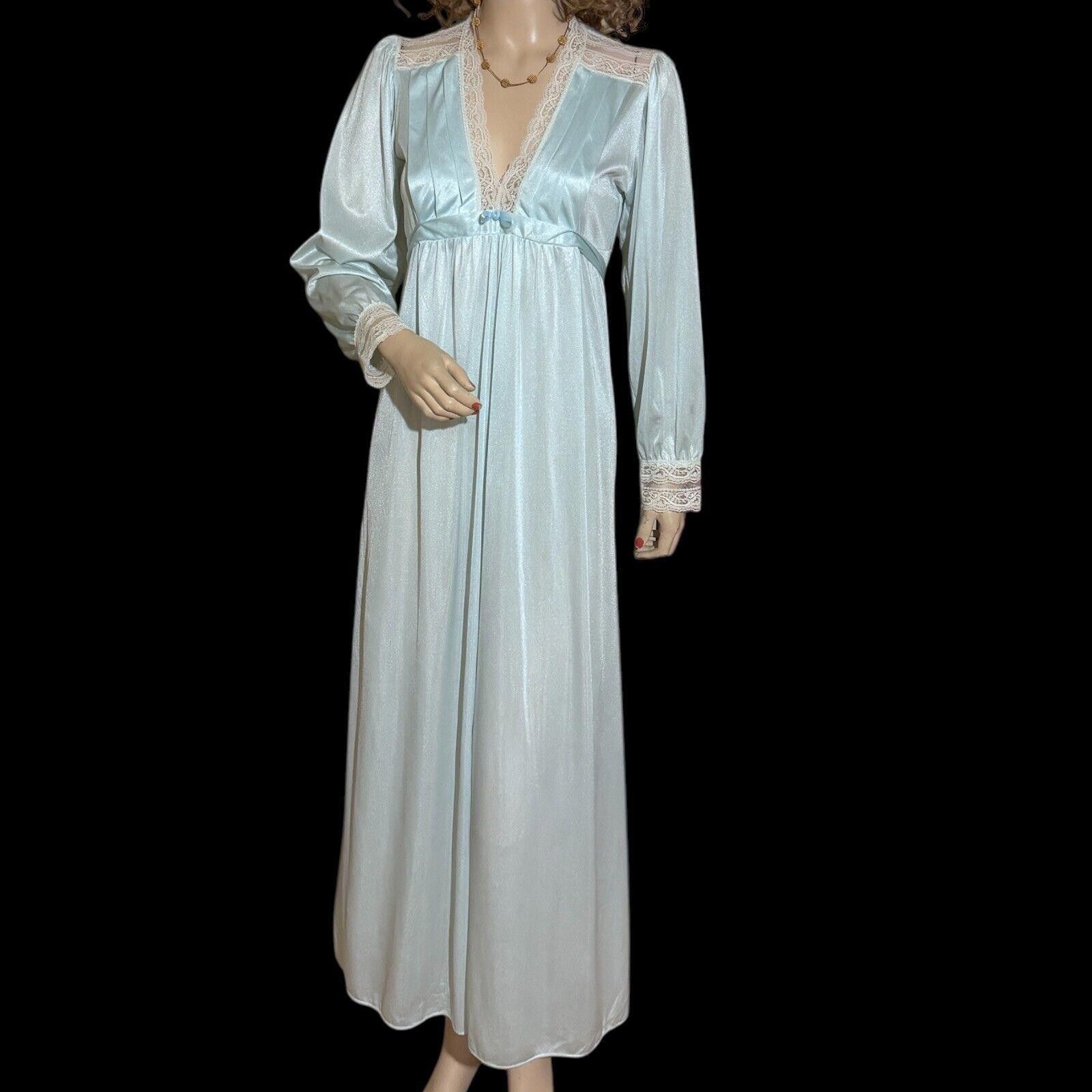 Designer Vtg Blue Nylon L/S Nightgown Lace Trim Sz S Val Mode Size ONE SIZE - 1 Thumbnail