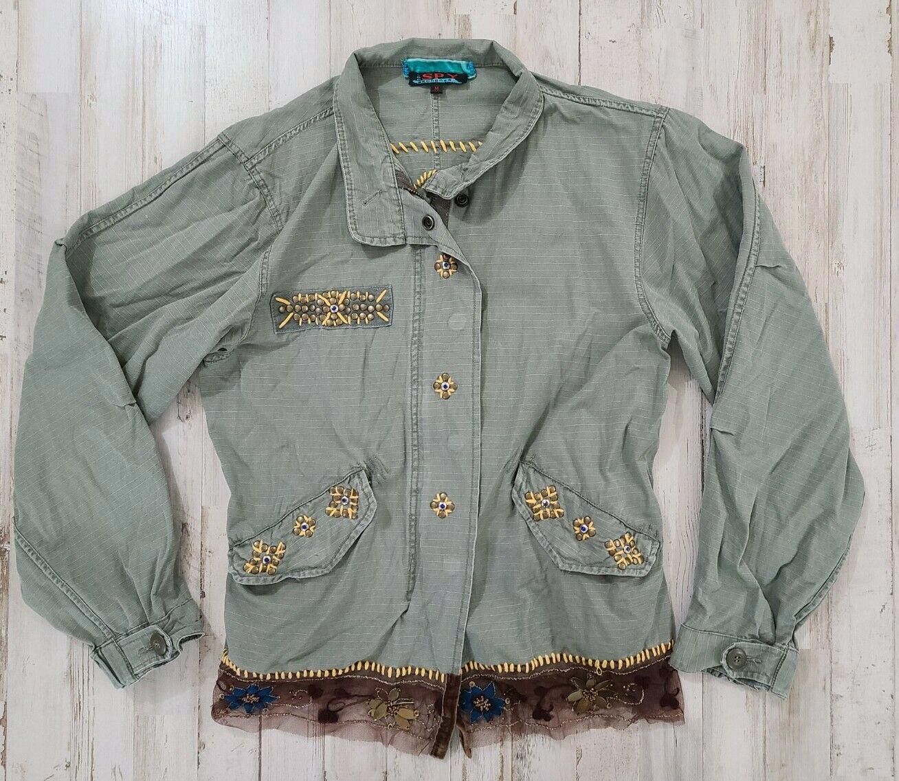 Designer Spy Zone Exchange Jacket Medium Green Boho Hippie Rhinestone Size M / US 6-8 / IT 42-44 - 1 Thumbnail