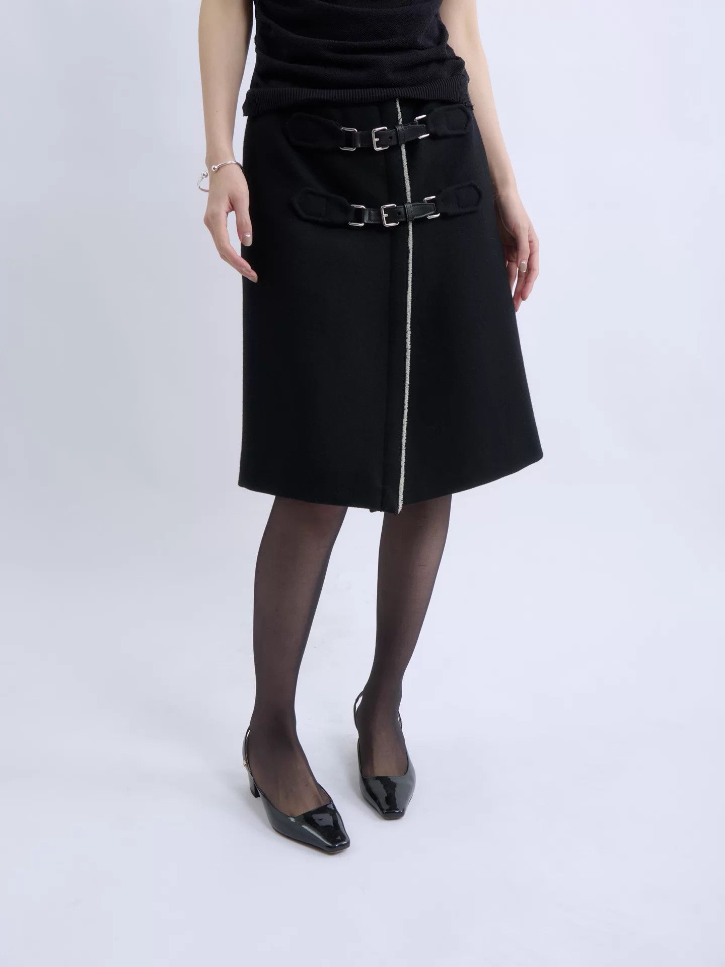 Prada PRADA 00s Double Buckle Black Wool Skirt Women Size 26" / US 2 / IT 38 - 1 Thumbnail