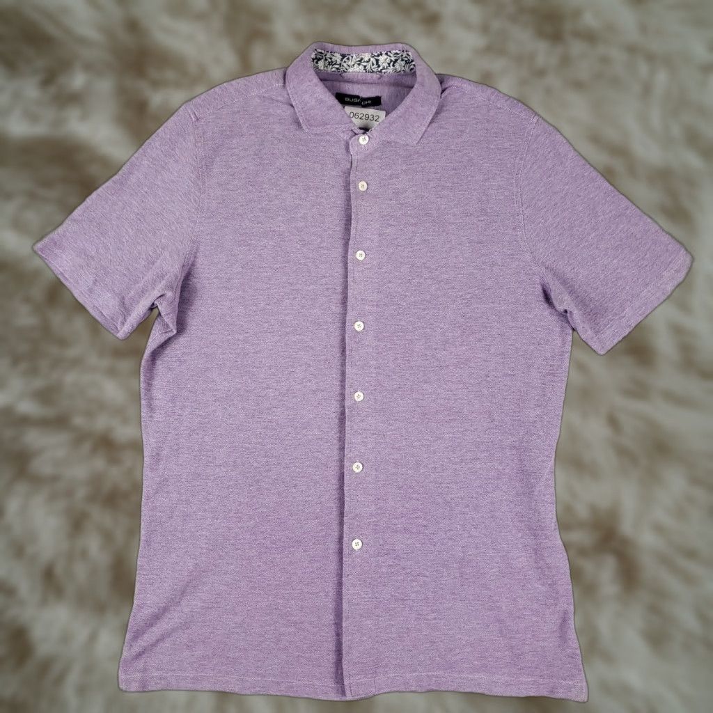 BUGATCHI VINTAGE Bugatchi Uomo Men's Short Sleeve Button-Up Shirt Large Purple Cotton Knit Casual Office Party Size US L / EU 52-54 / 3 - 1 Thumbnail