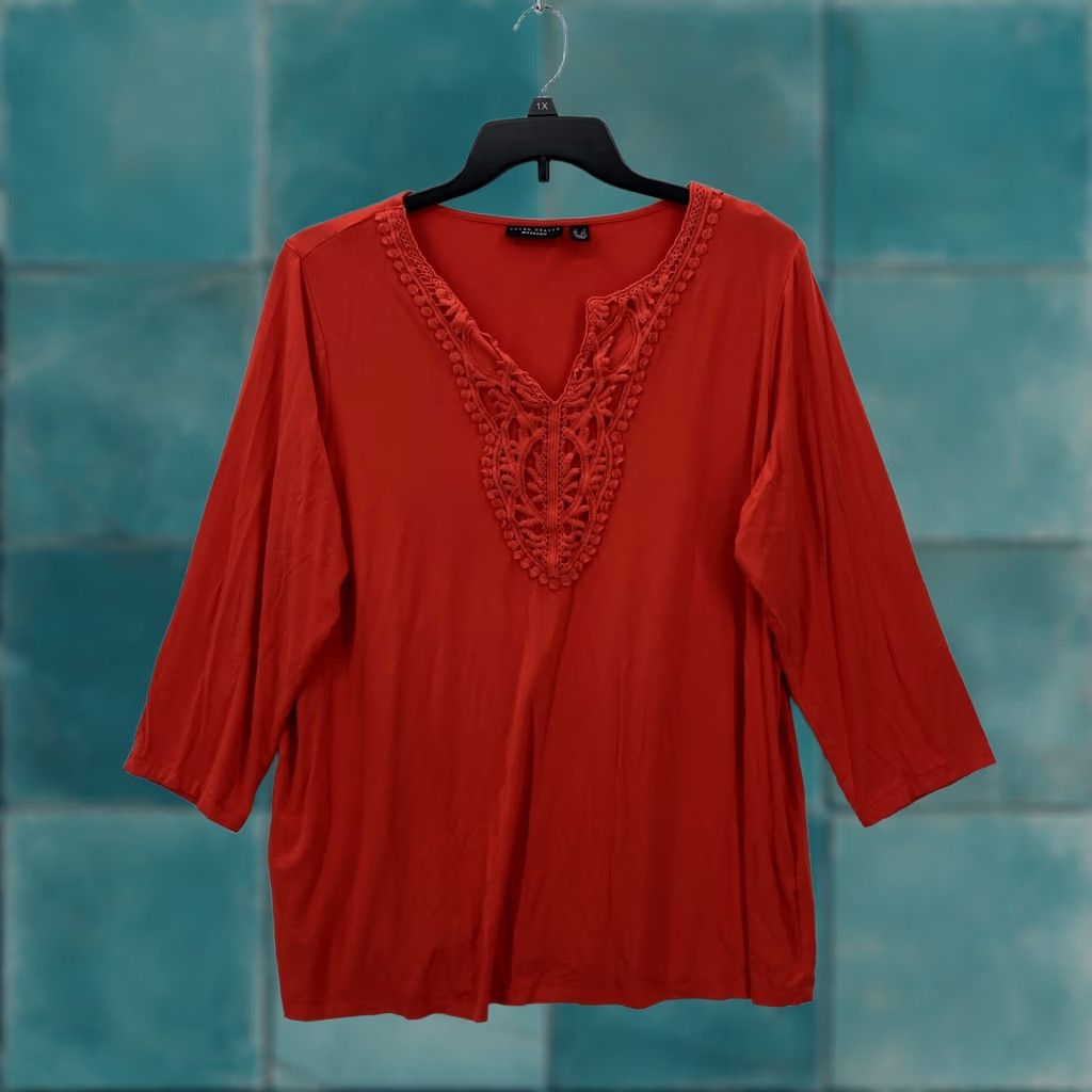 Vintage Susan Graver Shirt Womens 1X Red Crochet Trim 3/4 Sleeve Boho Pullover Top Size XL / US 12-14 / IT 48-50 - 1 Thumbnail