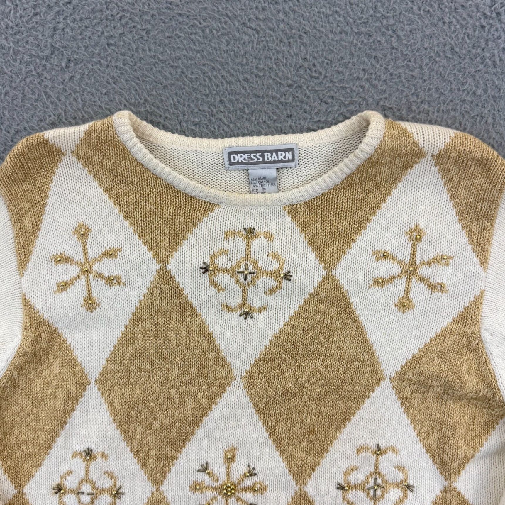Vintage VINTAGE Dressbarn Sweater Womens Medium Ivory Argyle Pullover Asymmetrical Sleeve Jewel Beaded Logo 90s Christmas Classic Holiday Retro Size M / US 6-8 / IT 42-44 - 3 Thumbnail